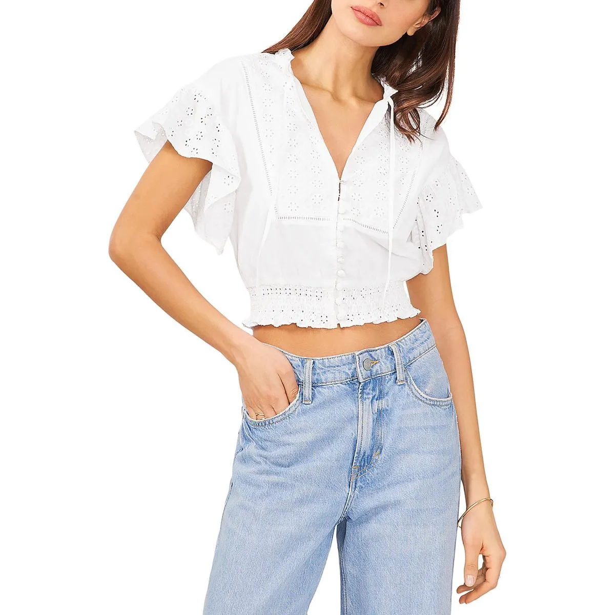 1.State Womens Eyelet Smocked Button-Down Top