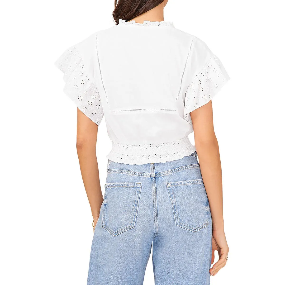 1.State Womens Eyelet Smocked Button-Down Top