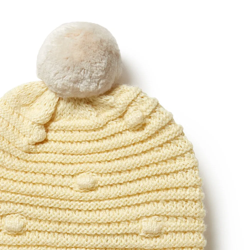 Baby Knitted Hat - Spot Beanie with Pom Pom Pastel Yellow