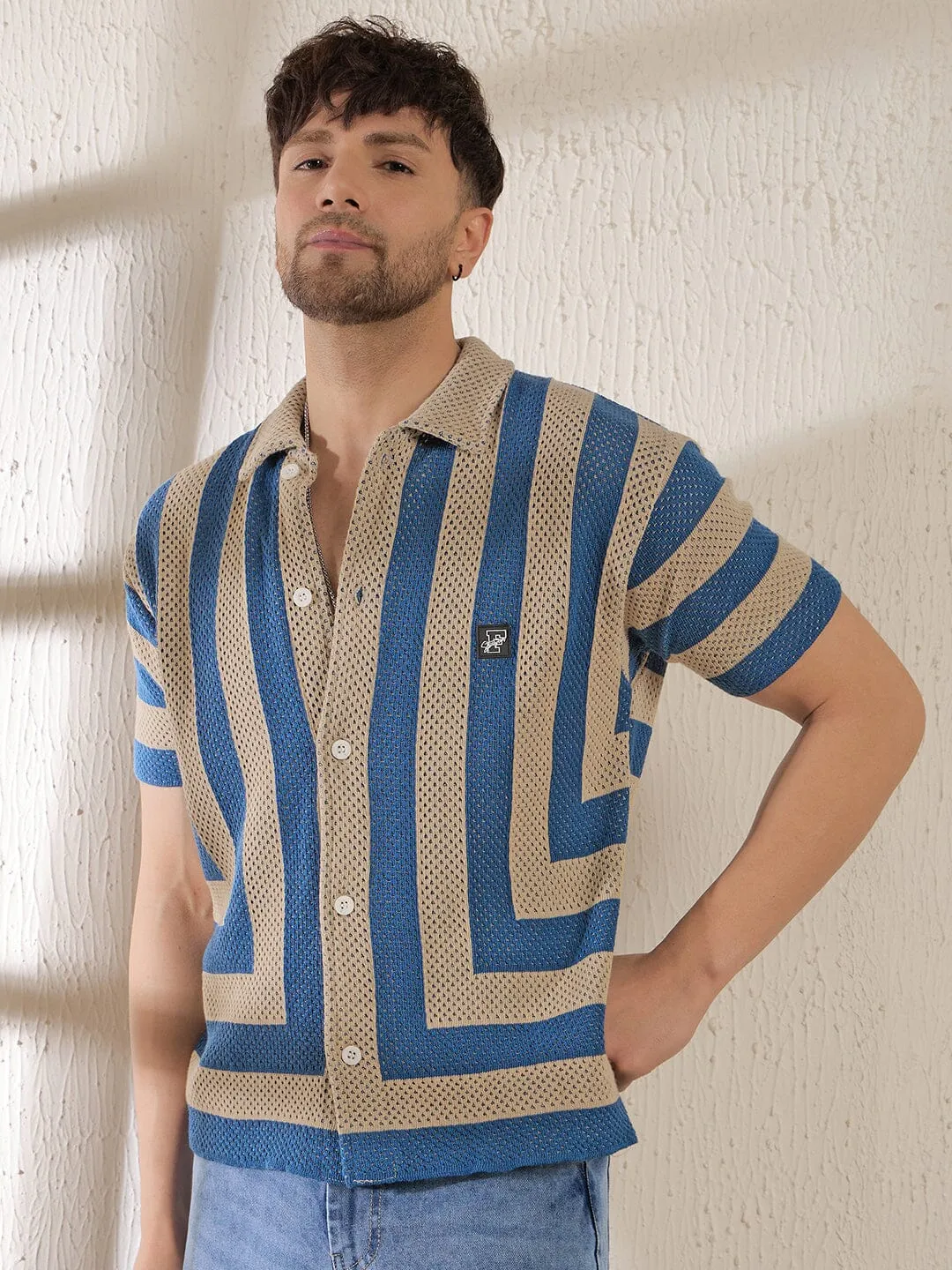 Beige & Blue Striped Crochet Knitted Shirt