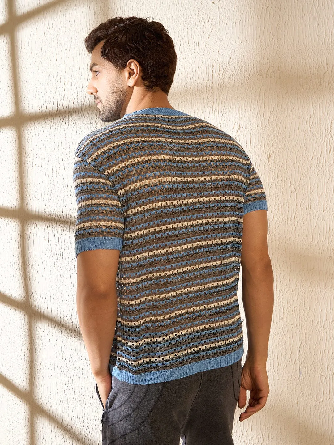 Blue Melange Striped Knitted Tshirt