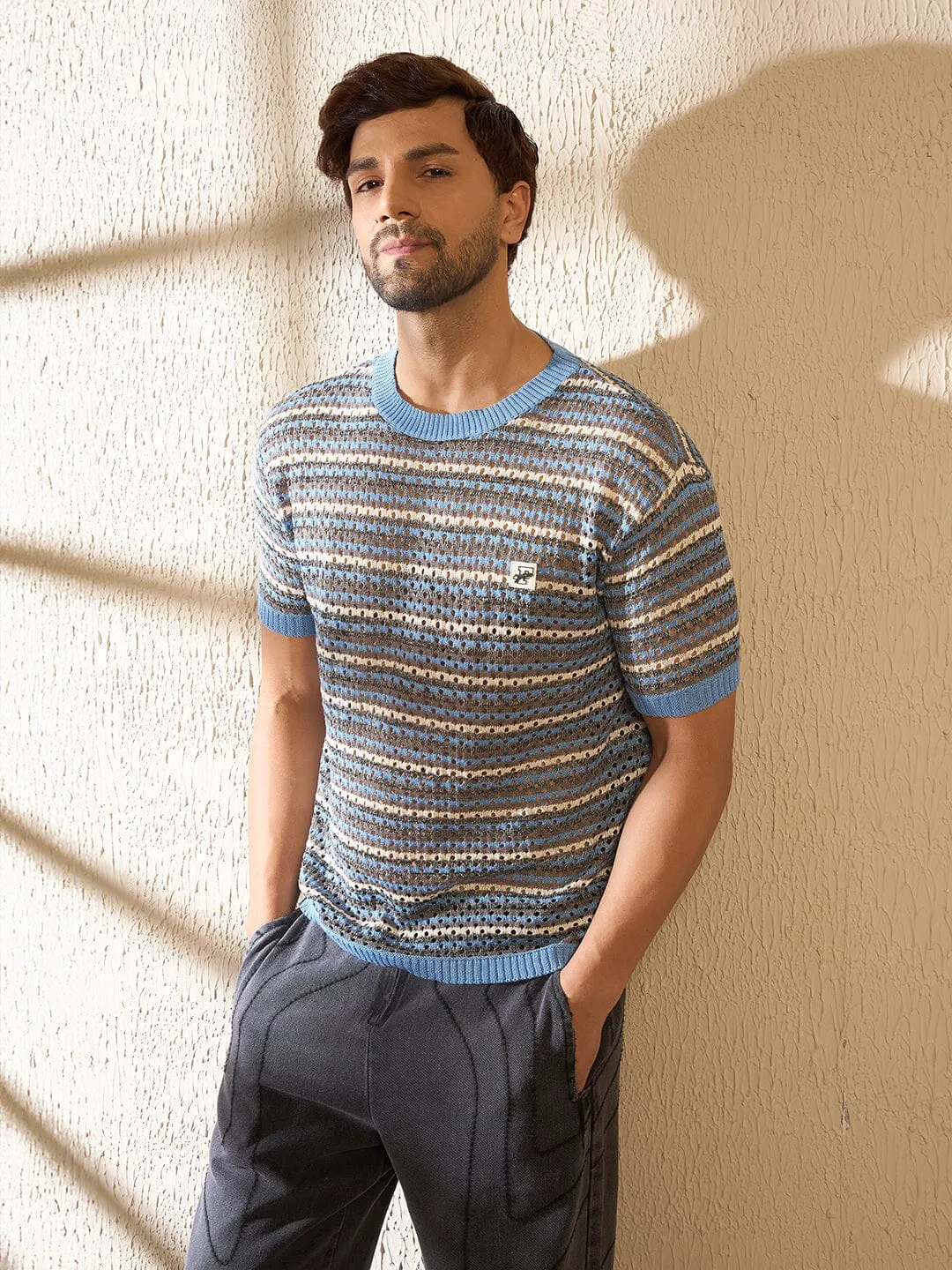 Blue Melange Striped Knitted Tshirt