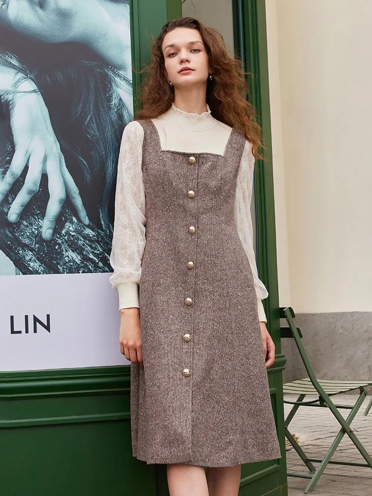 Brown Square Neck Woolen Vest Dress