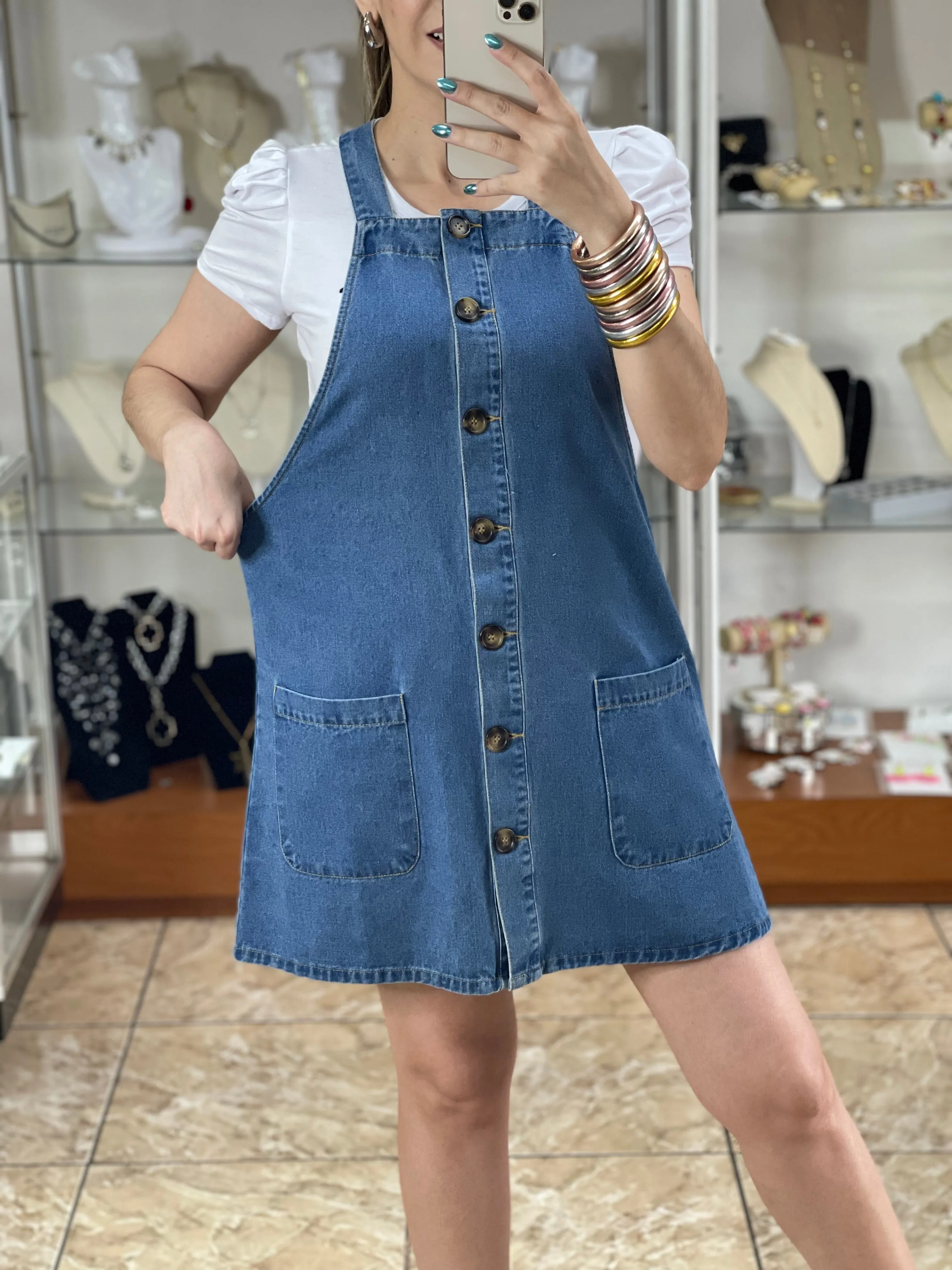 Button Down Overall Mini Denim Dress