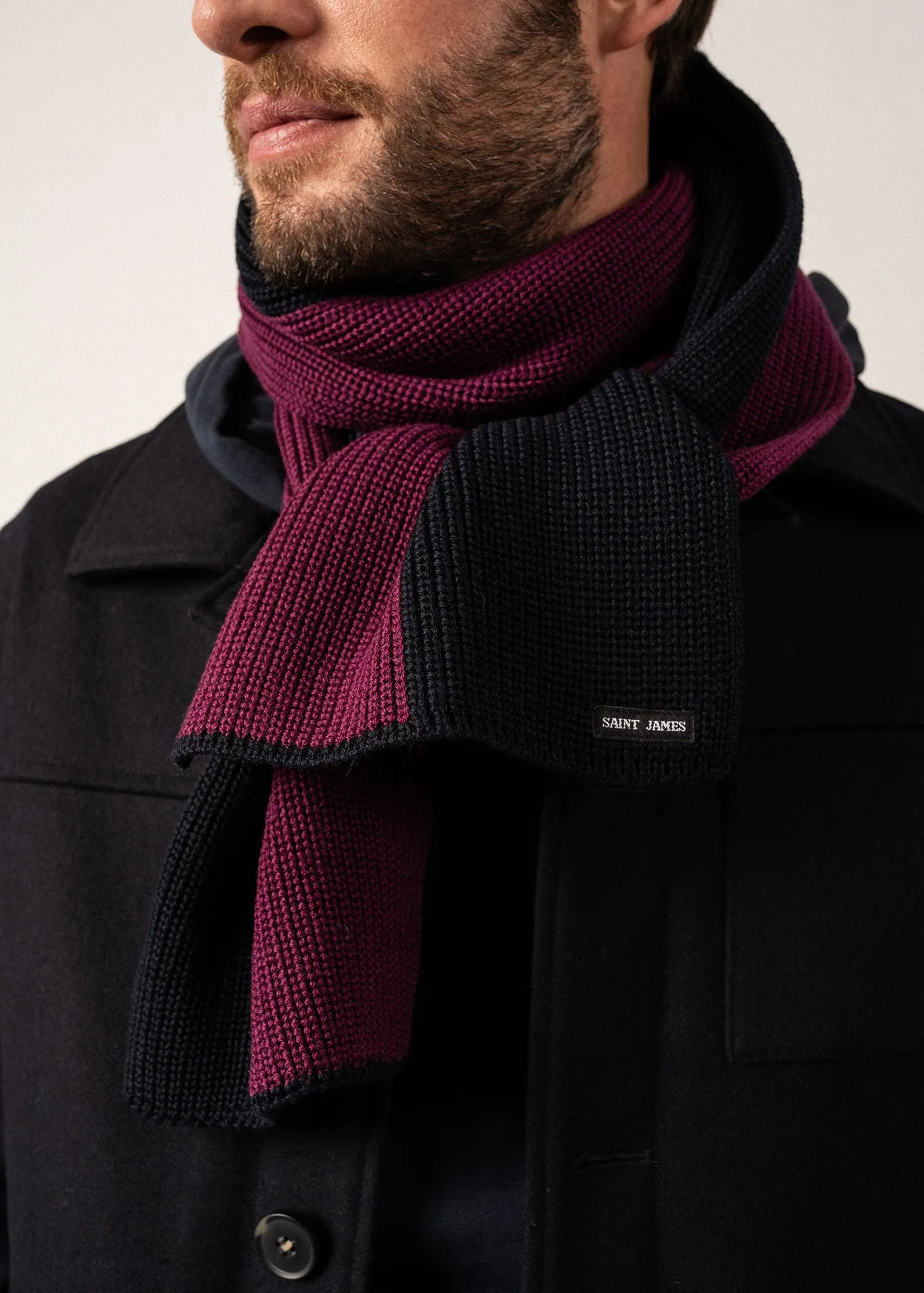 Canoe Two-tone Wool Scarf - in purl knit (PRUNE/NAVY)