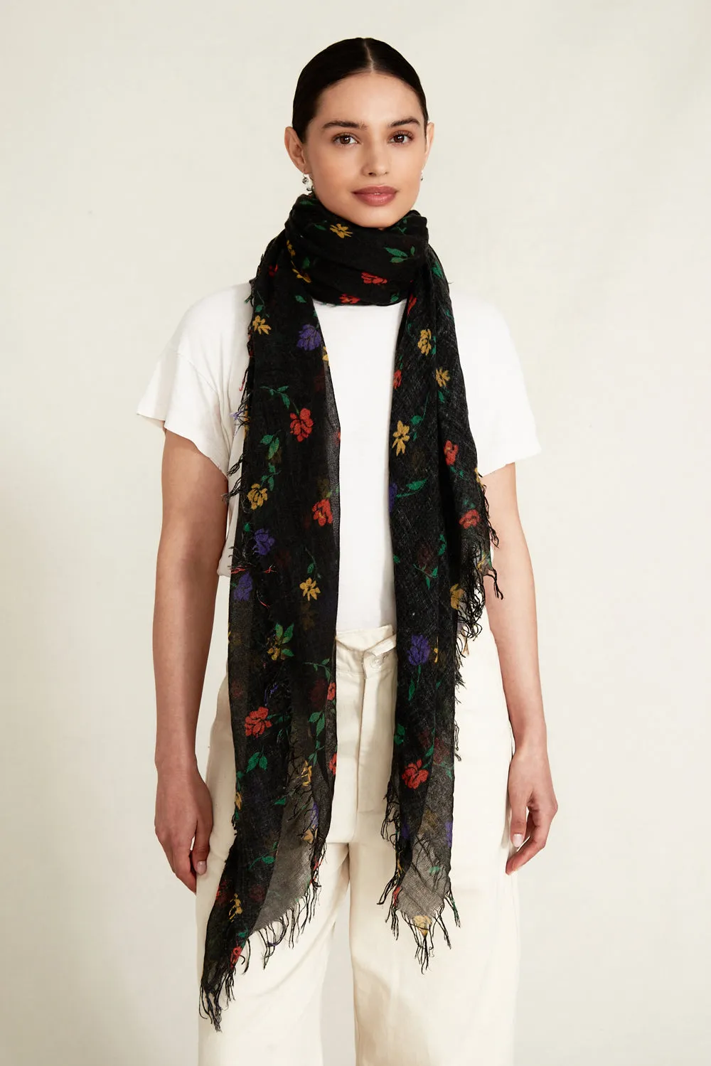 Cashmere and Silk Scarf Black Valentina Floral