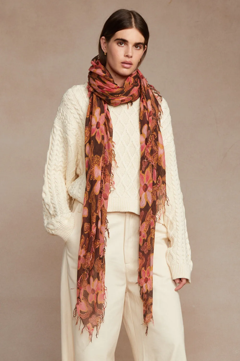 Cashmere and Silk Scarf Fired Brick Meadow Floral