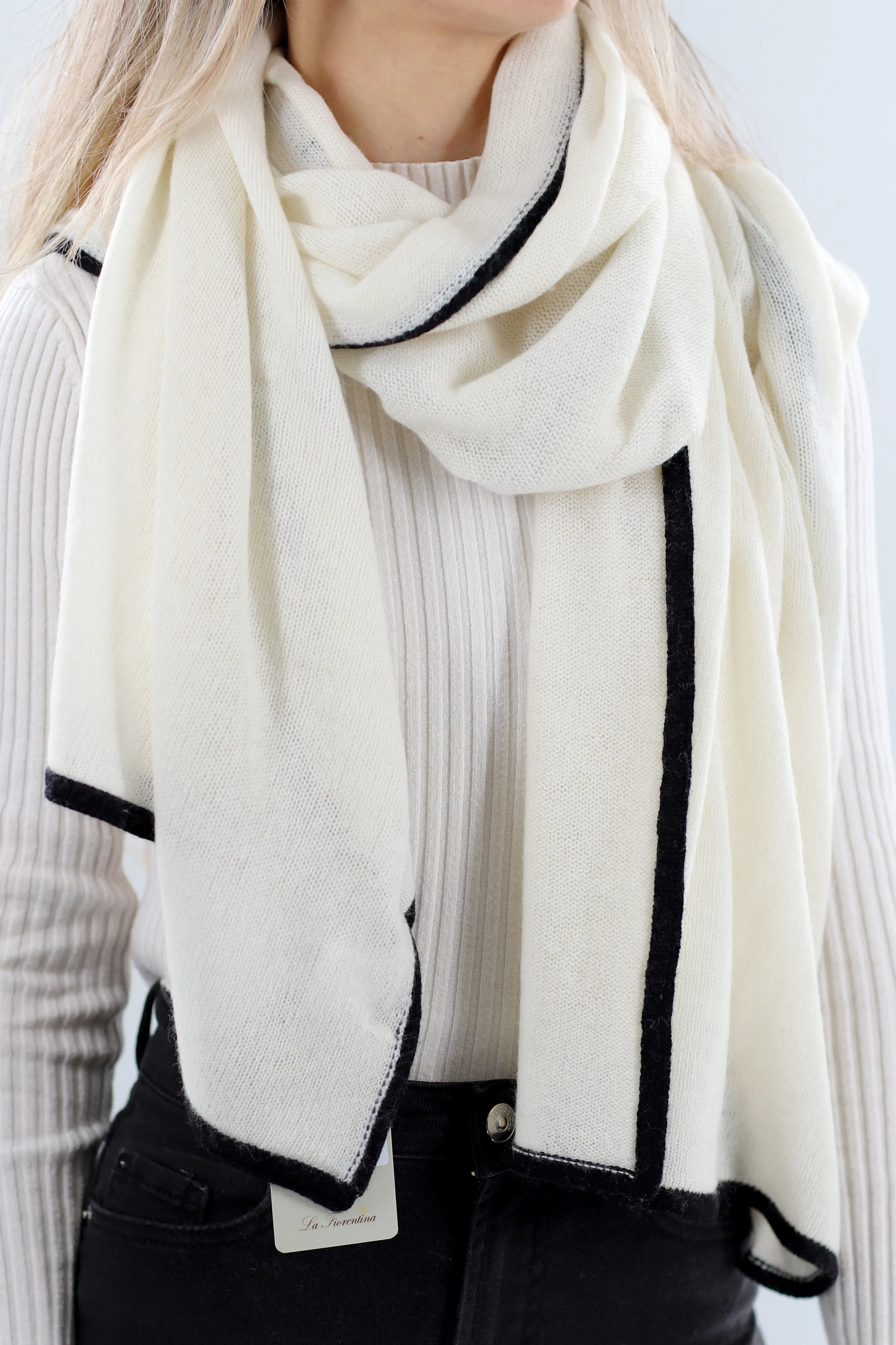 Cashmere Blend Scarf with Color Block Border  - Ivory/Black