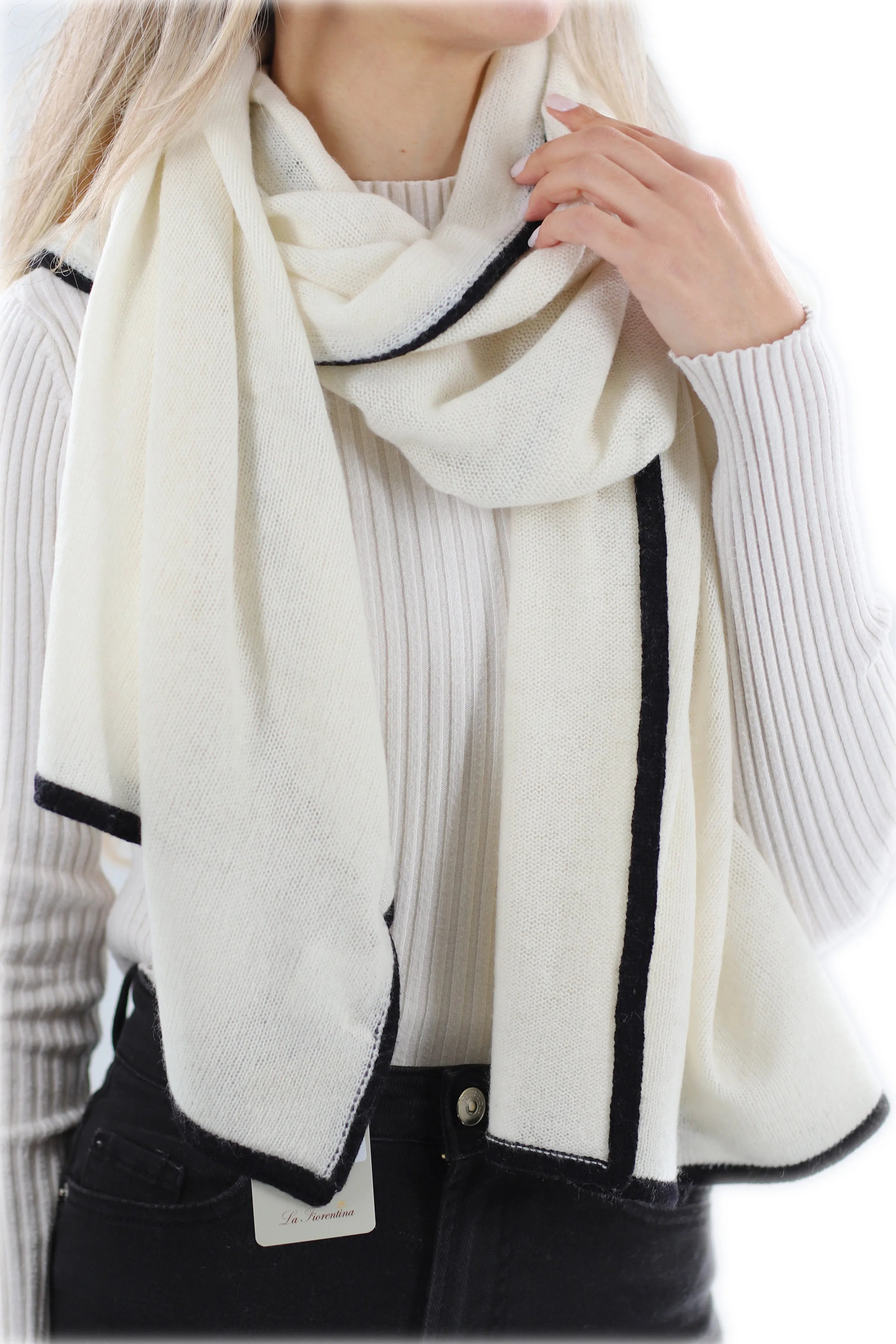 Cashmere Blend Scarf with Color Block Border  - Ivory/Black