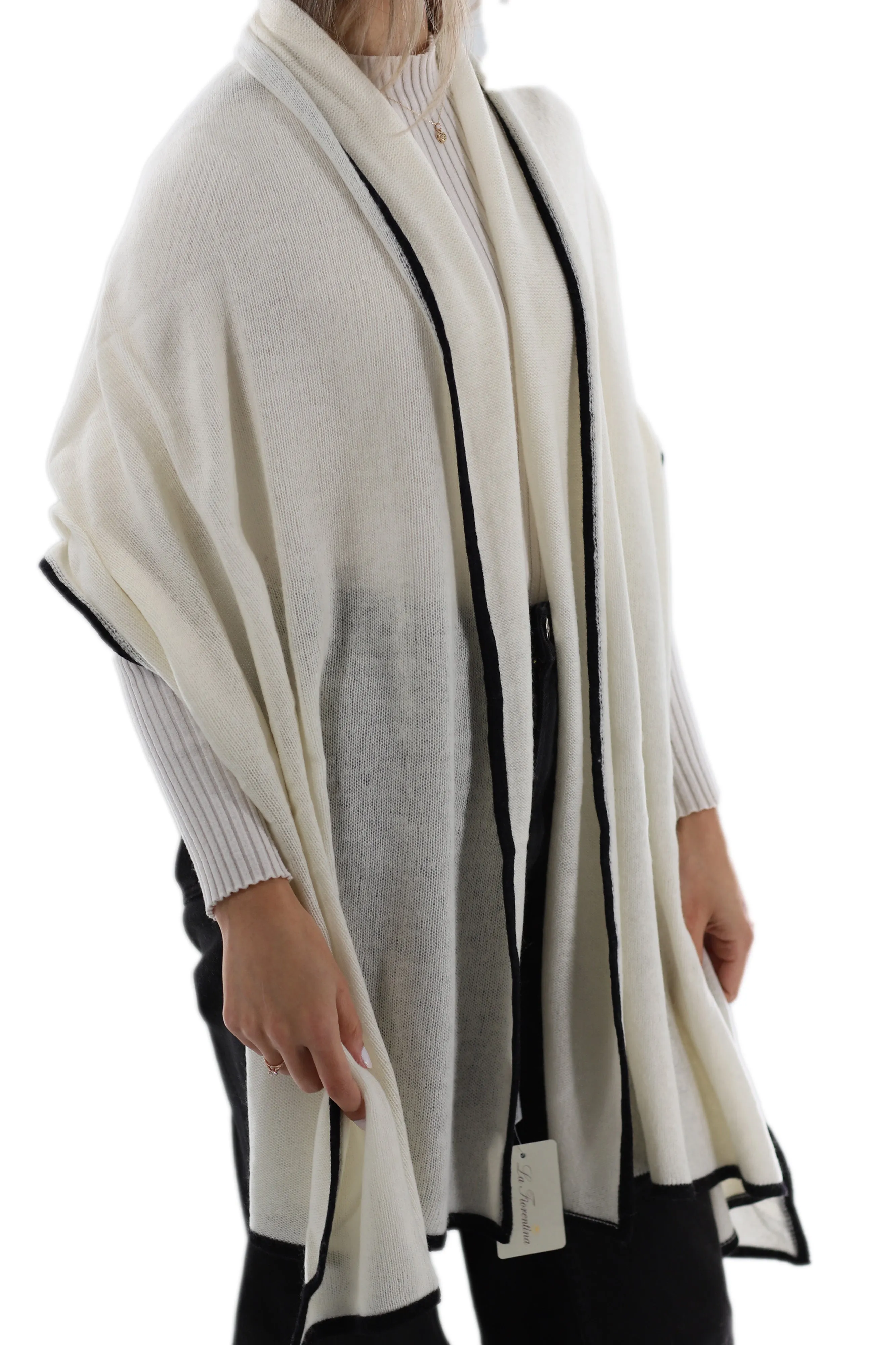 Cashmere Blend Scarf with Color Block Border  - Ivory/Black