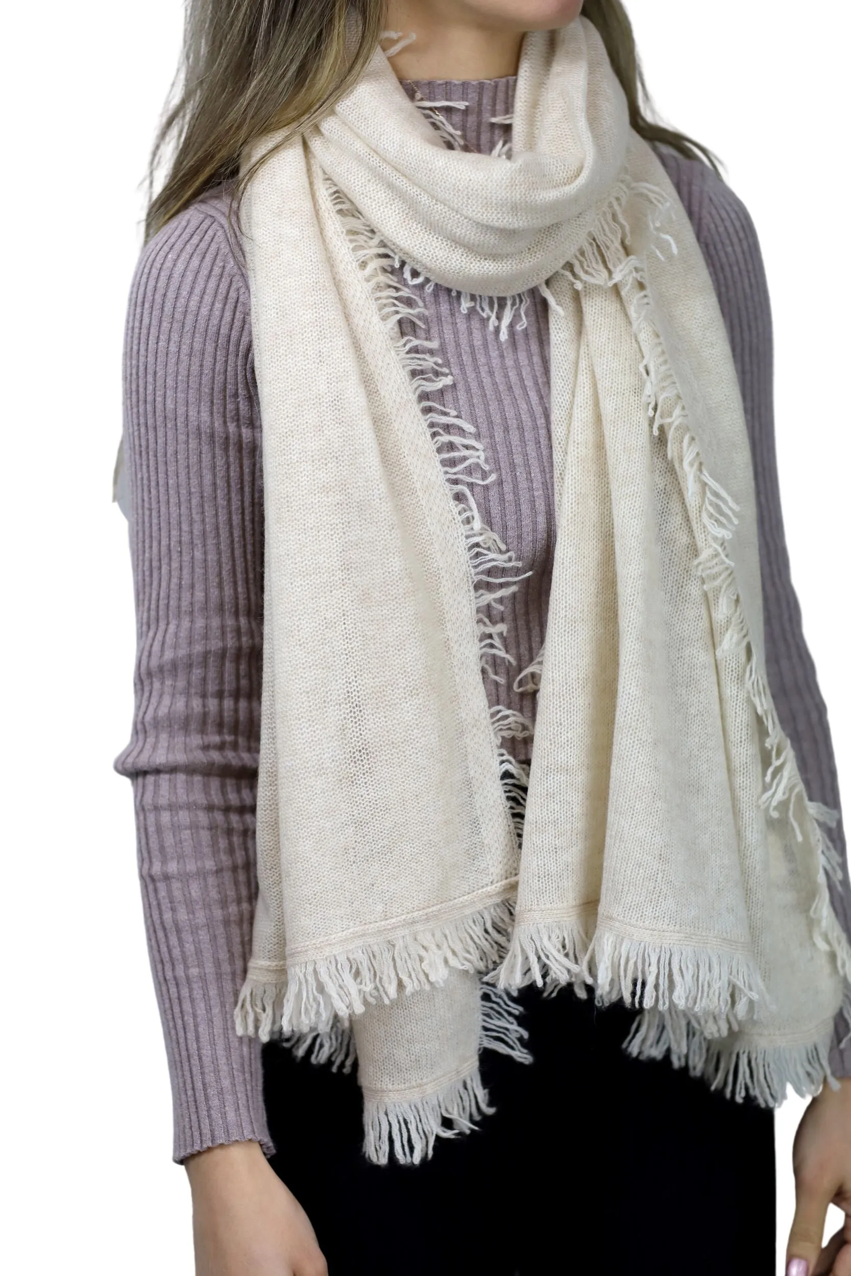 Cashmere Blend Scarf with Fringe Beige - One Size (26 x 80 inches)