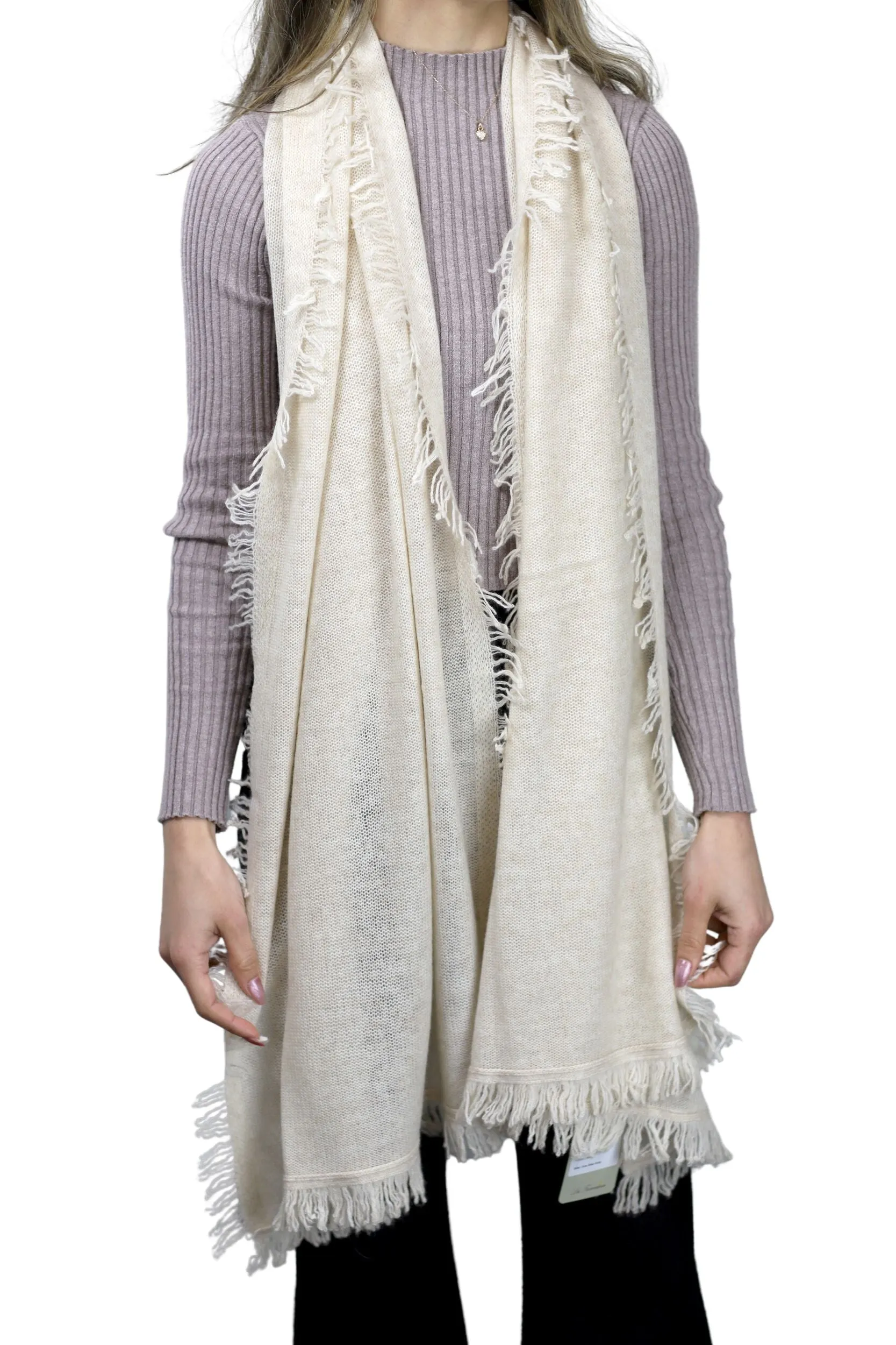 Cashmere Blend Scarf with Fringe Beige - One Size (26 x 80 inches)