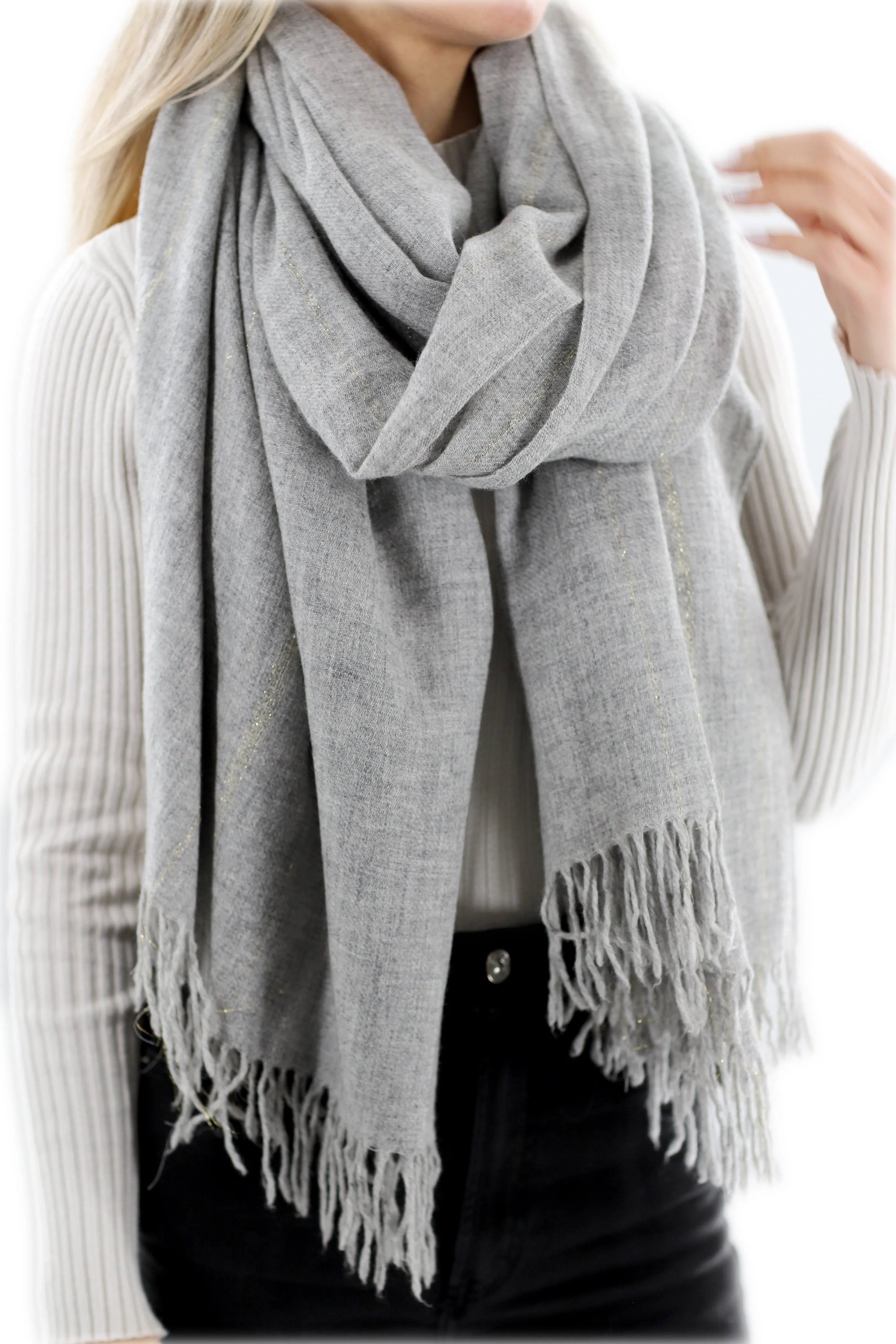 Cashmere Blend Scarf with Fringes - Grey 26x80 in