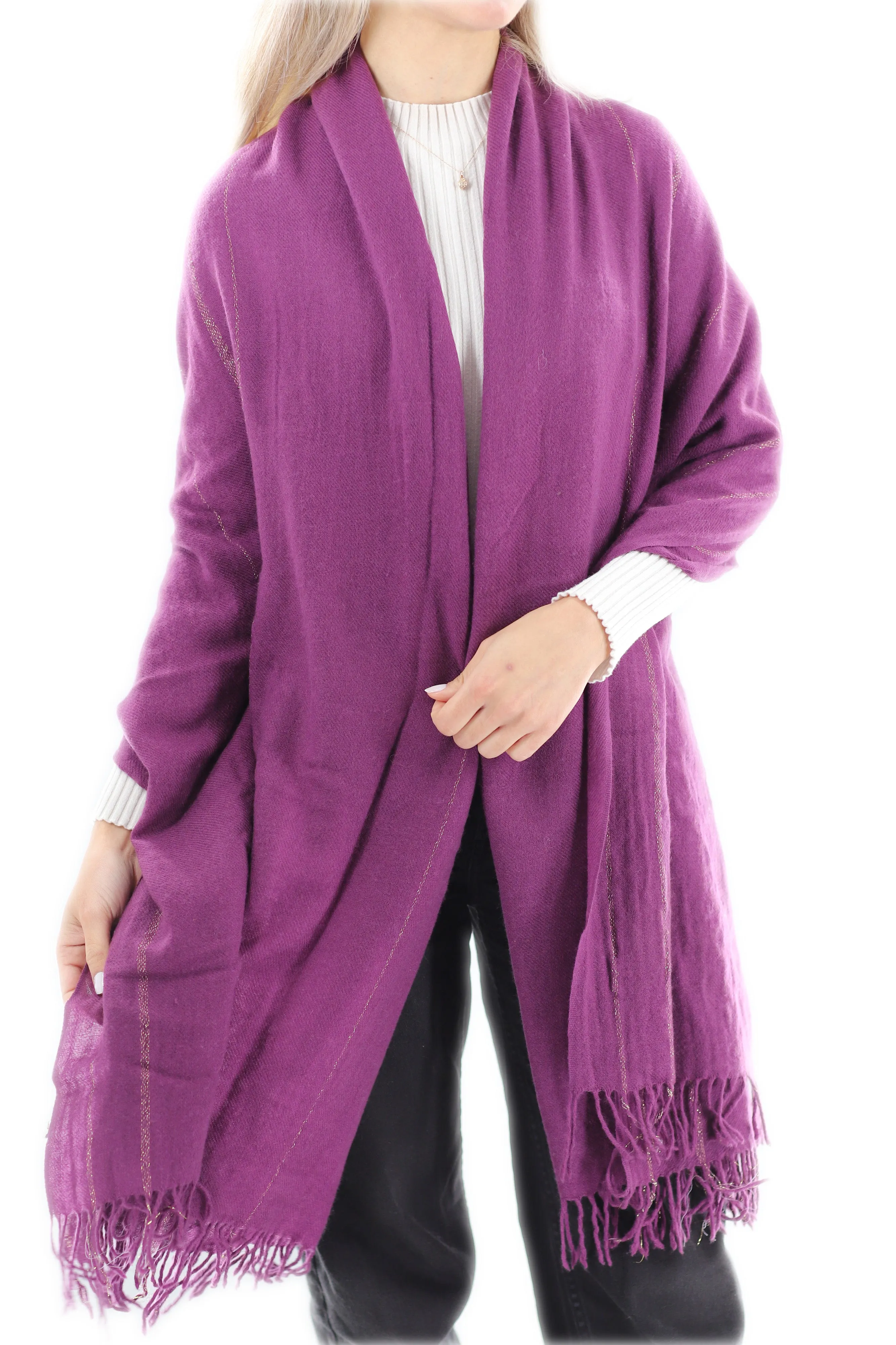 Cashmere Blend Scarf with Fringes - Purple 26x80 in