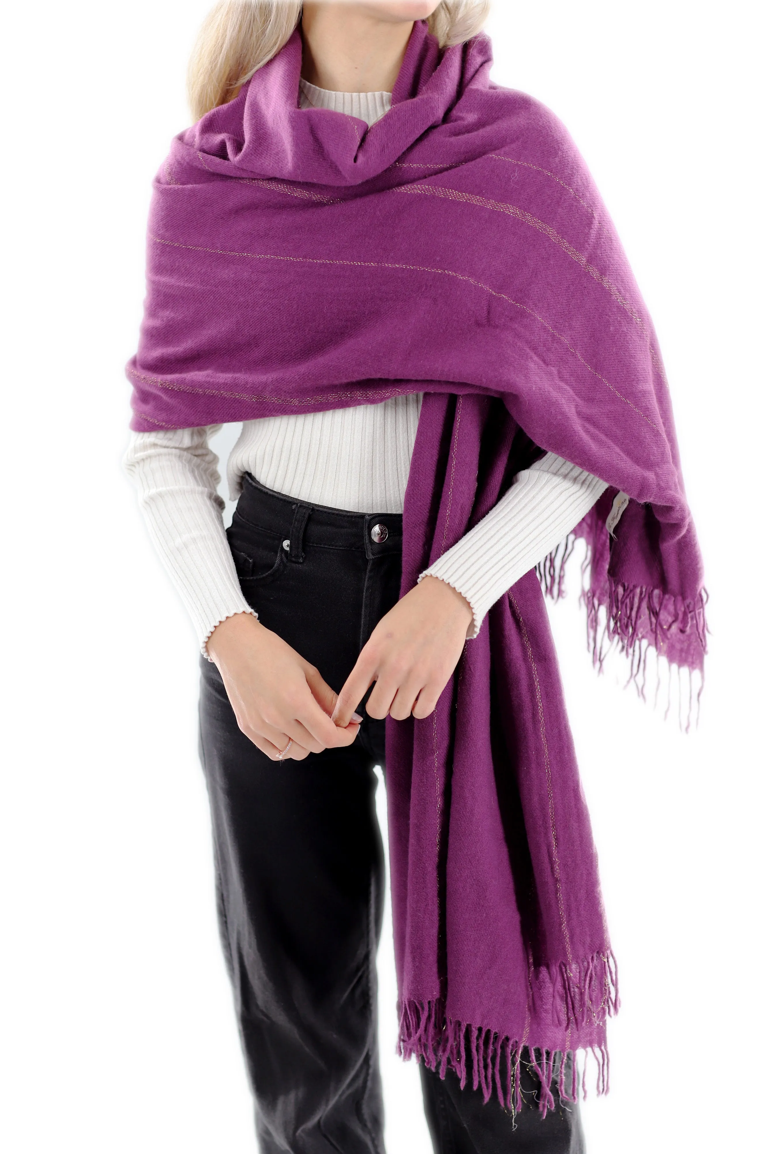 Cashmere Blend Scarf with Fringes - Purple 26x80 in