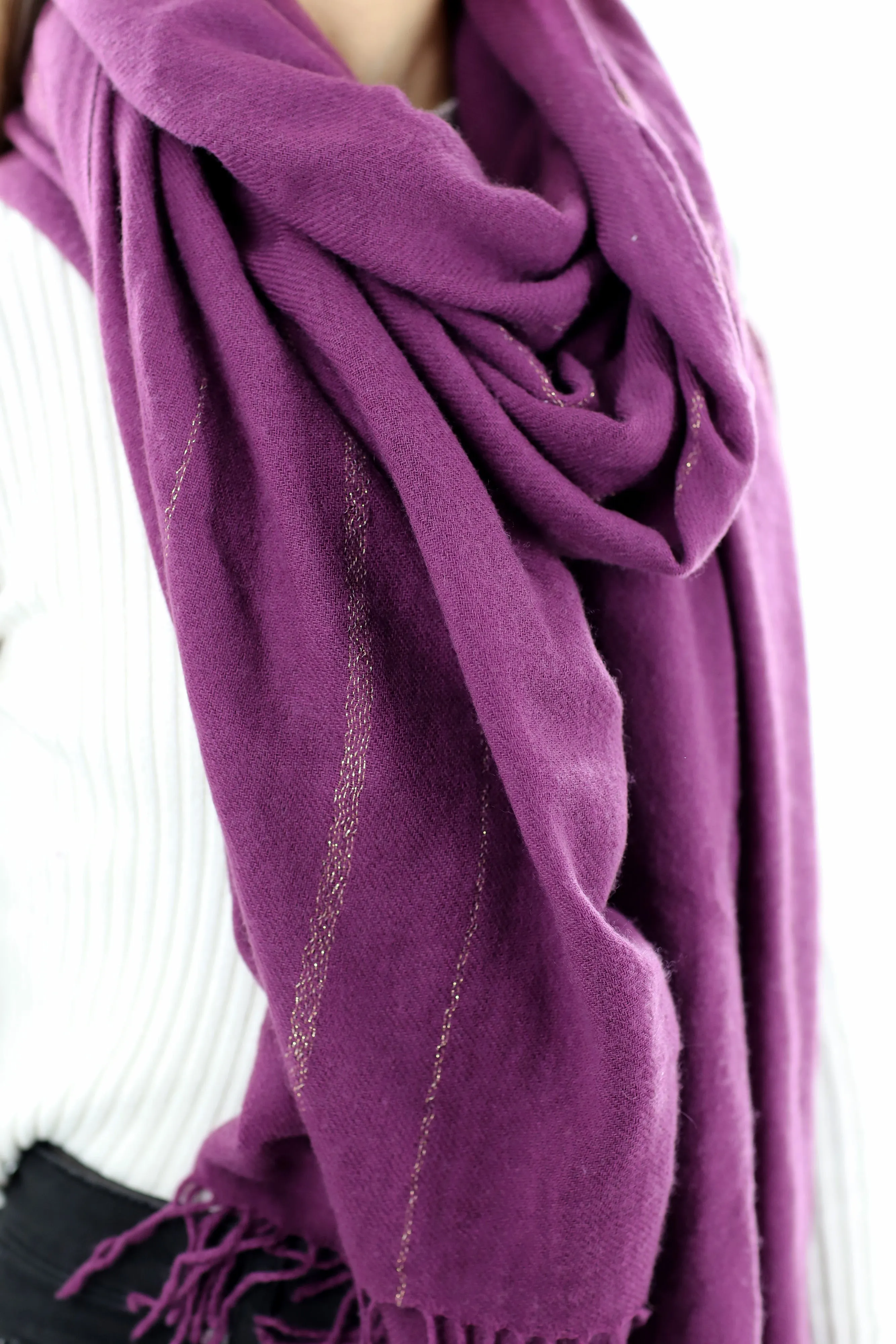 Cashmere Blend Scarf with Fringes - Purple 26x80 in