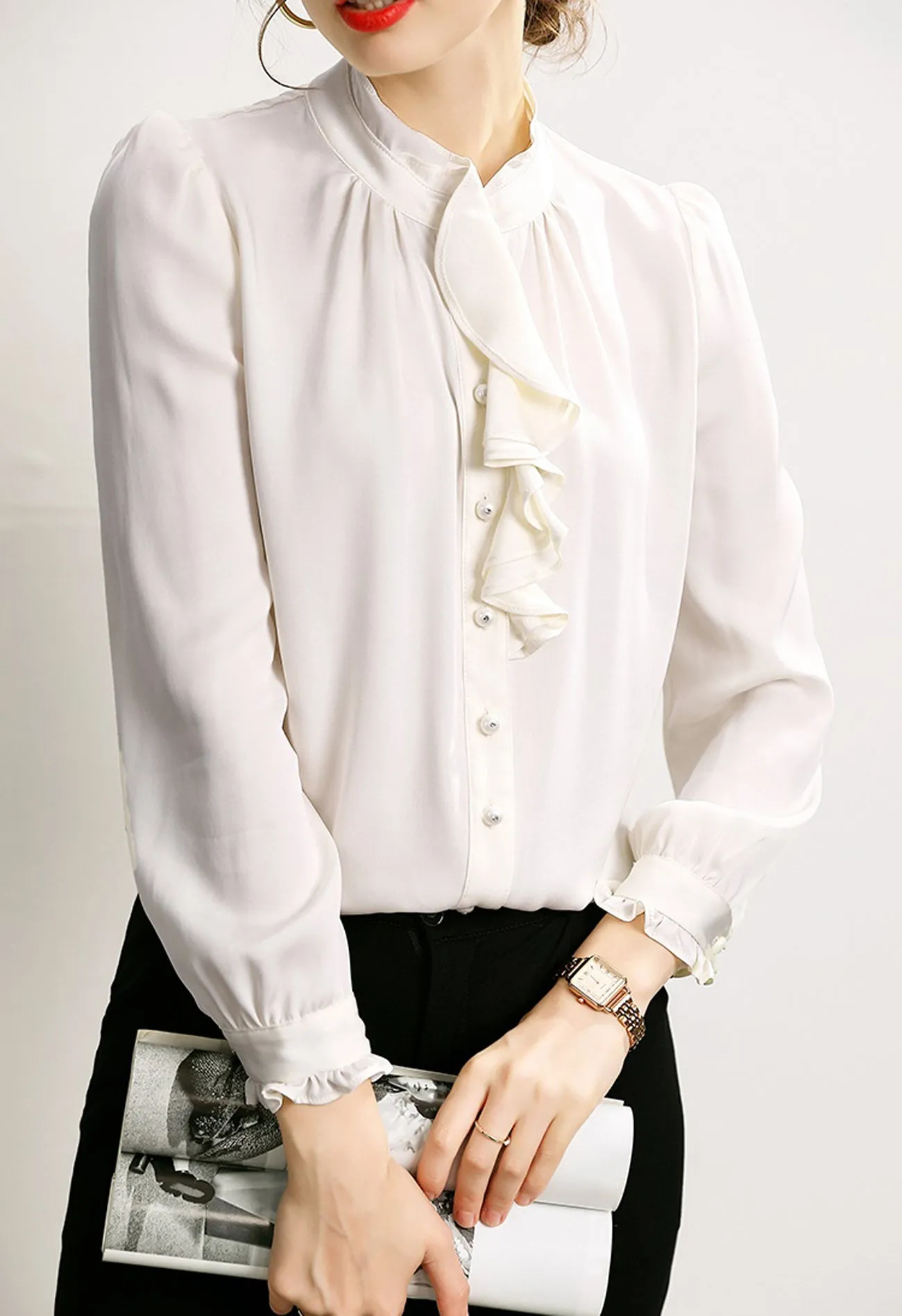 Deirdre Ruffle Accent Button Down Shirt