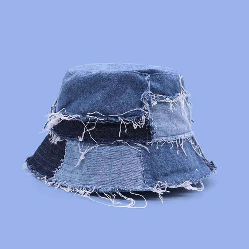 Distressed Patchwork Denim Bucket Hat Blue Jean Fisherman Hat