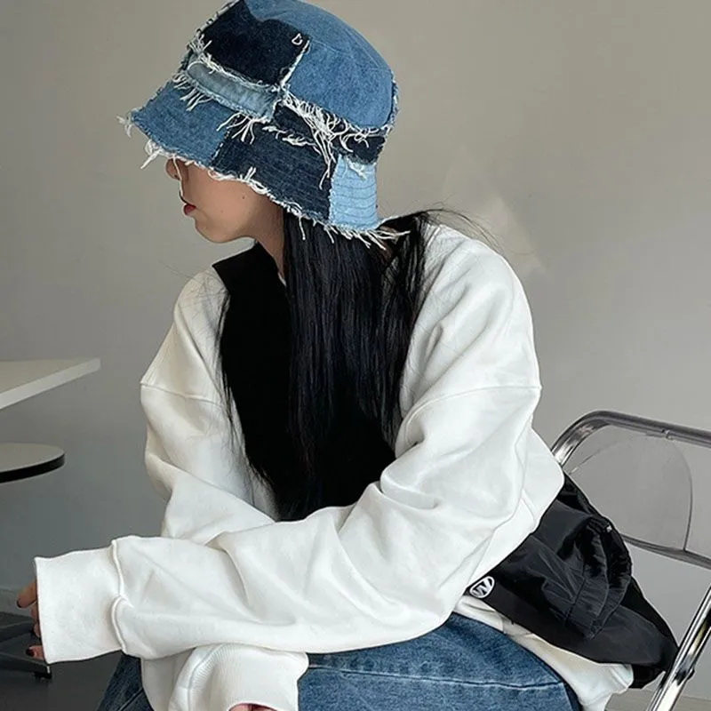 Distressed Patchwork Denim Bucket Hat Blue Jean Fisherman Hat