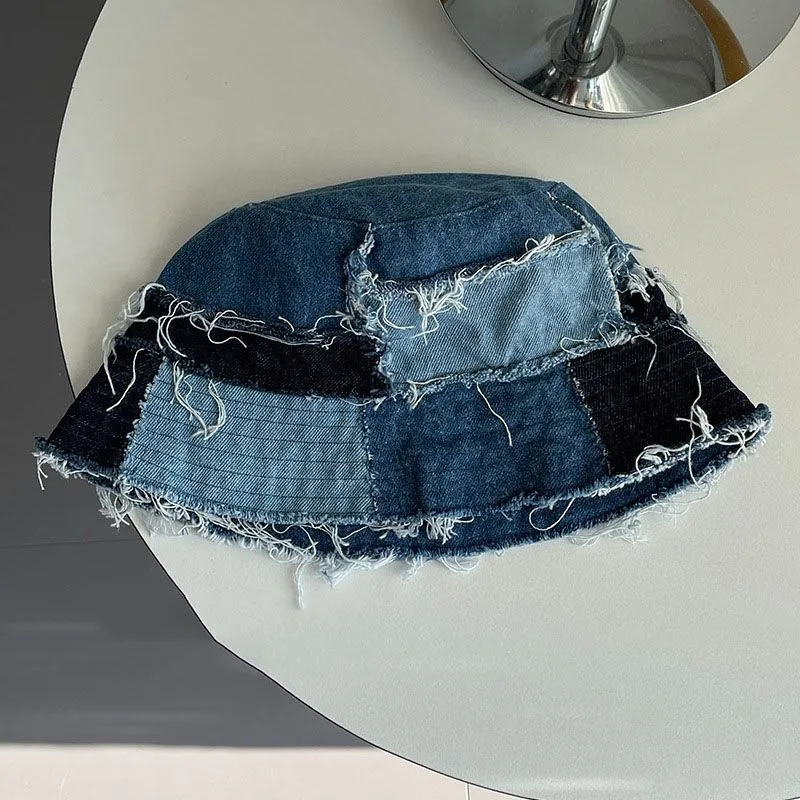 Distressed Patchwork Denim Bucket Hat Blue Jean Fisherman Hat