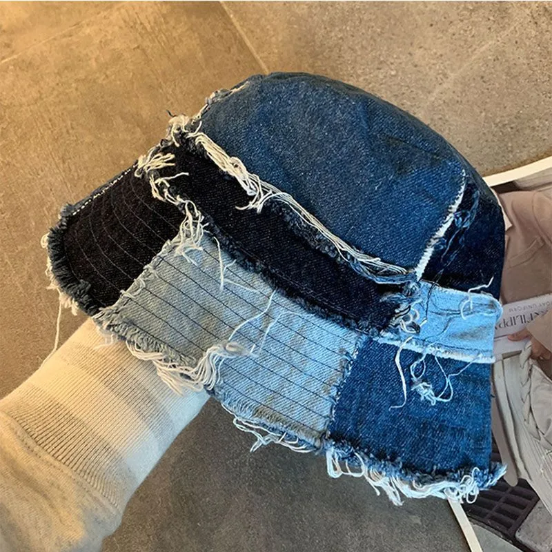 Distressed Patchwork Denim Bucket Hat Blue Jean Fisherman Hat