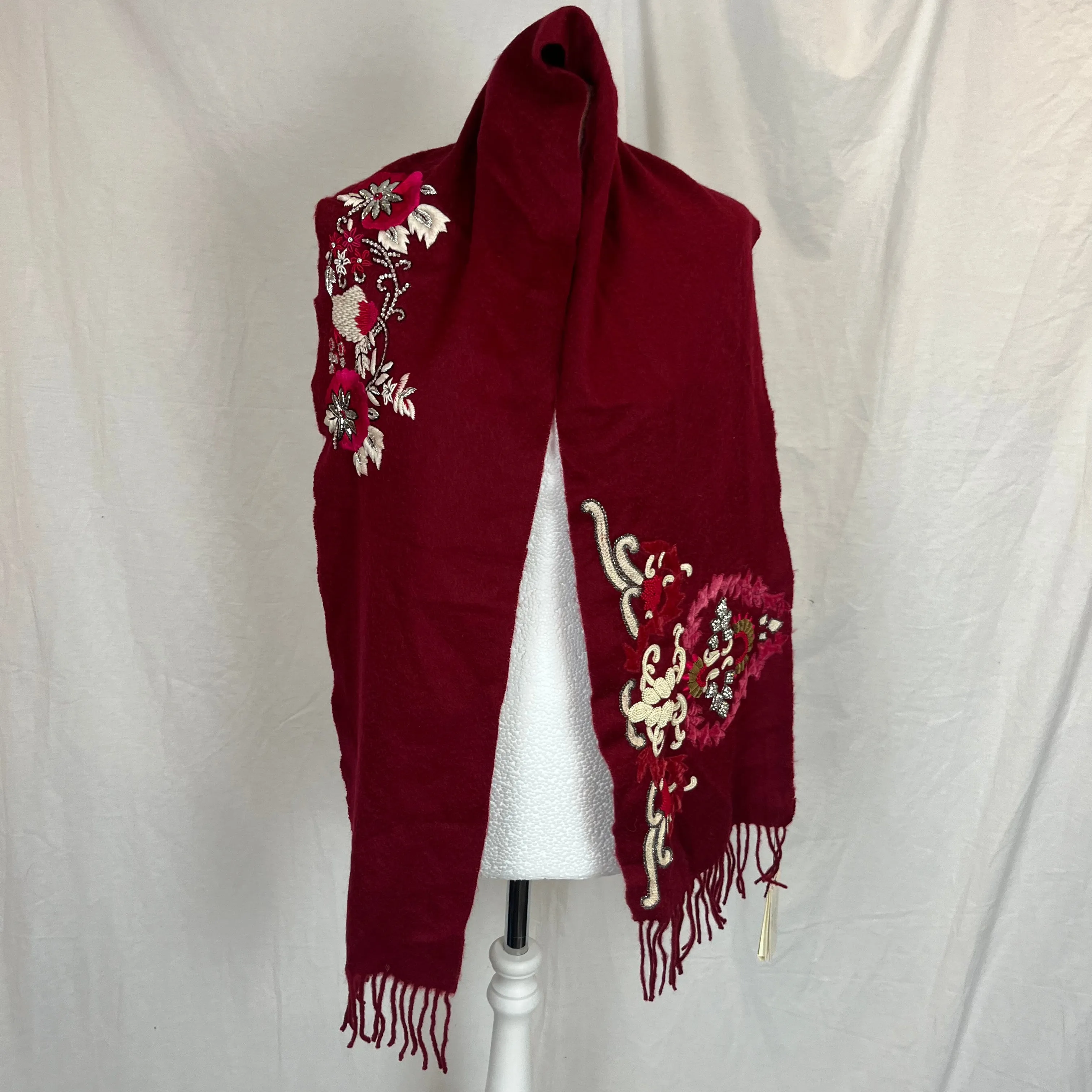 Dries Van Noten Brand New $1305 Cranberry Embellished Cashmere Scarf