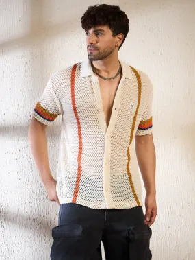 Ecru Crochet Striped Knitted Shirt