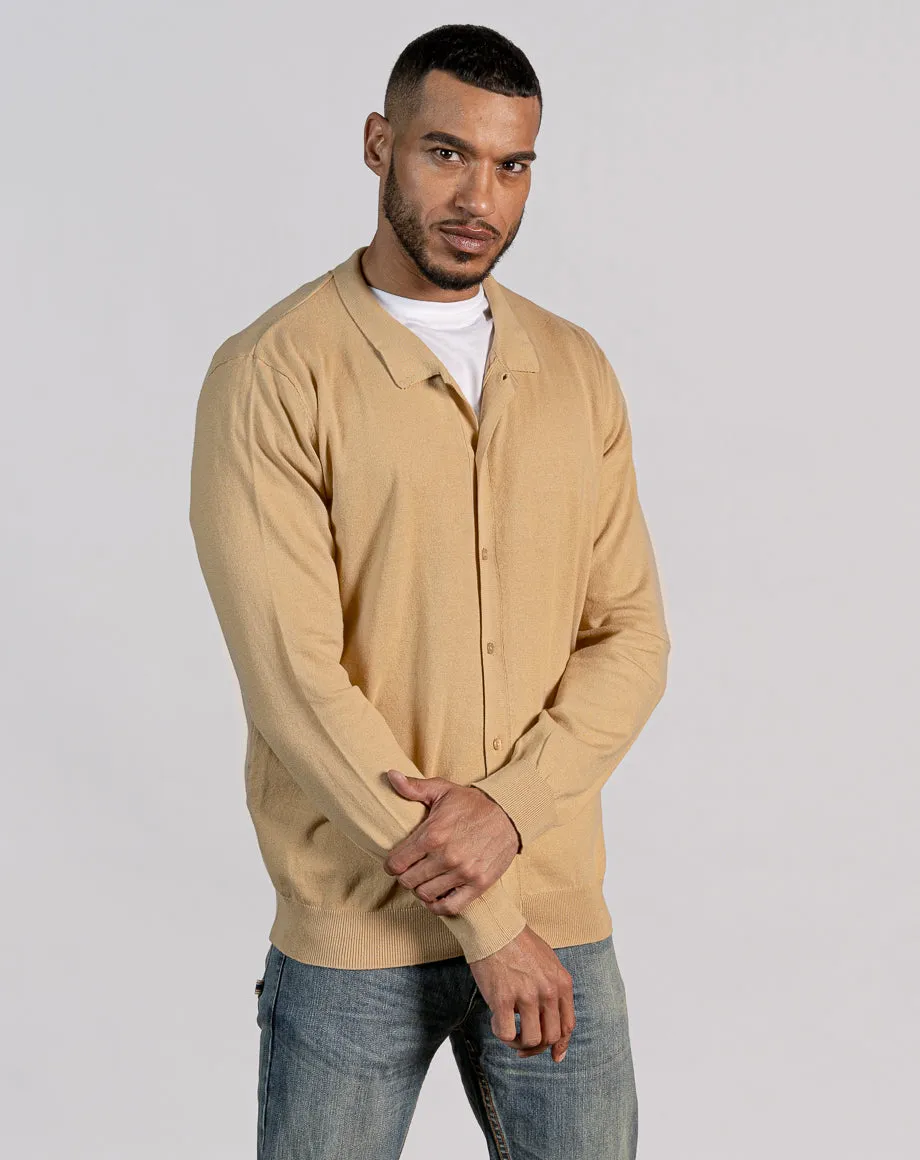 ESSENTIAL BUTTON THROUGH KNITTED SHIRT - CAMEL