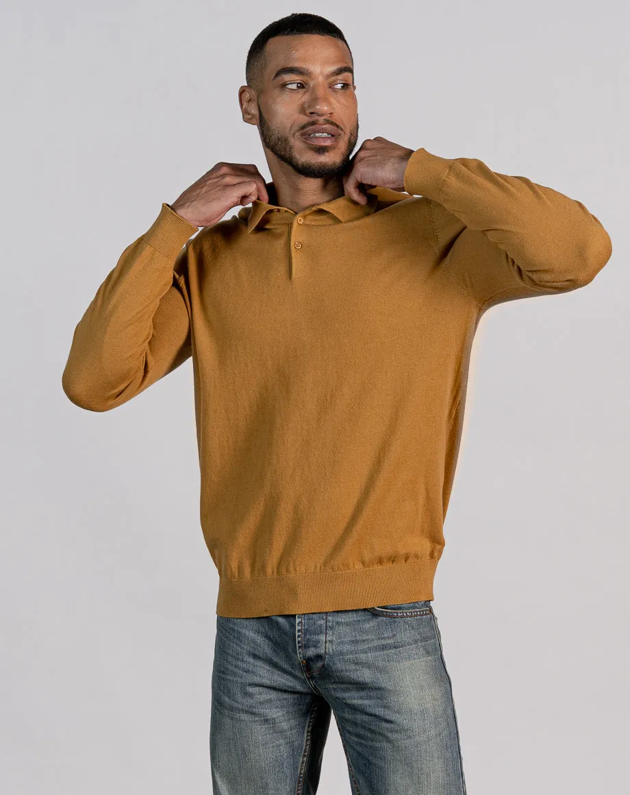 ESSENTIAL LONG SLEEVE KNITTED POLO TOP - MUSTARD