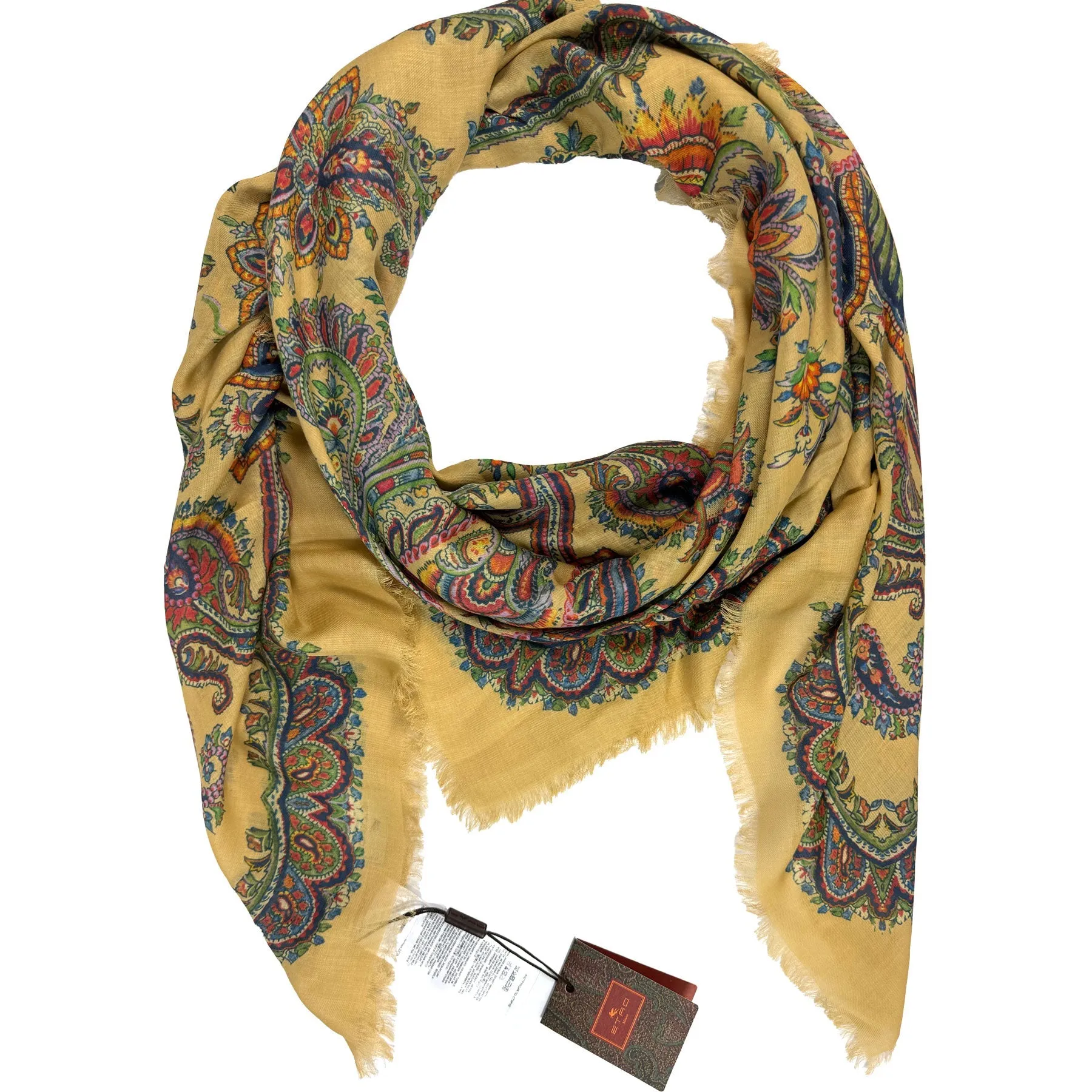 Etro Scarf Mustard Leafy Paisley Design - Extra Large Square Cashmere Shawl