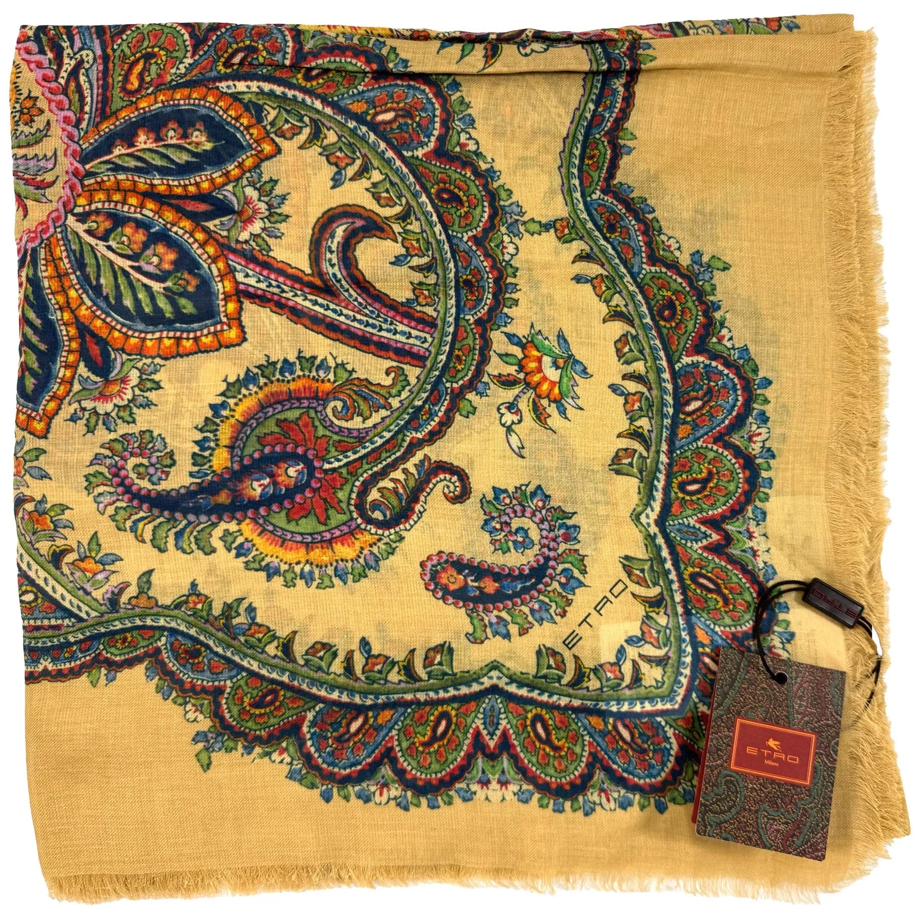 Etro Scarf Mustard Leafy Paisley Design - Extra Large Square Cashmere Shawl