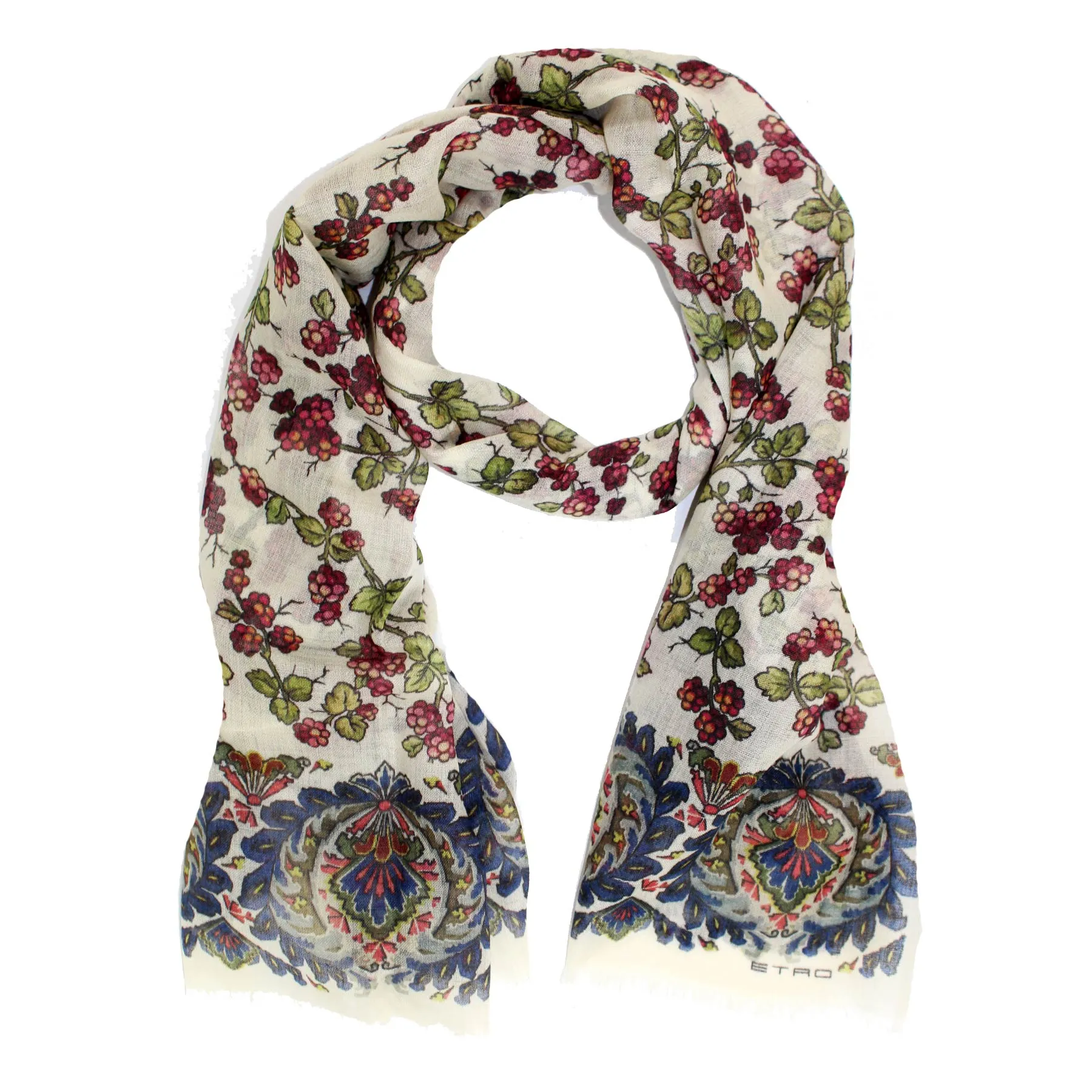 Etro Scarf Pink Berry Design White - Cashmere Shawl