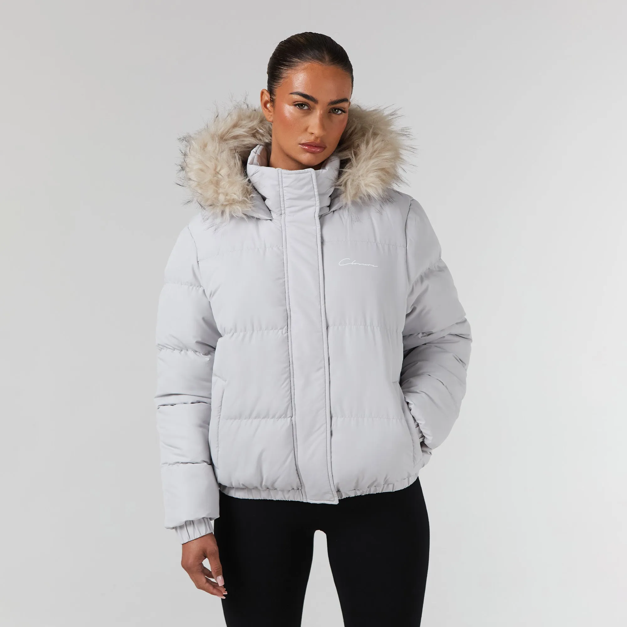 Faux Fur Cropped Puffer | Stone