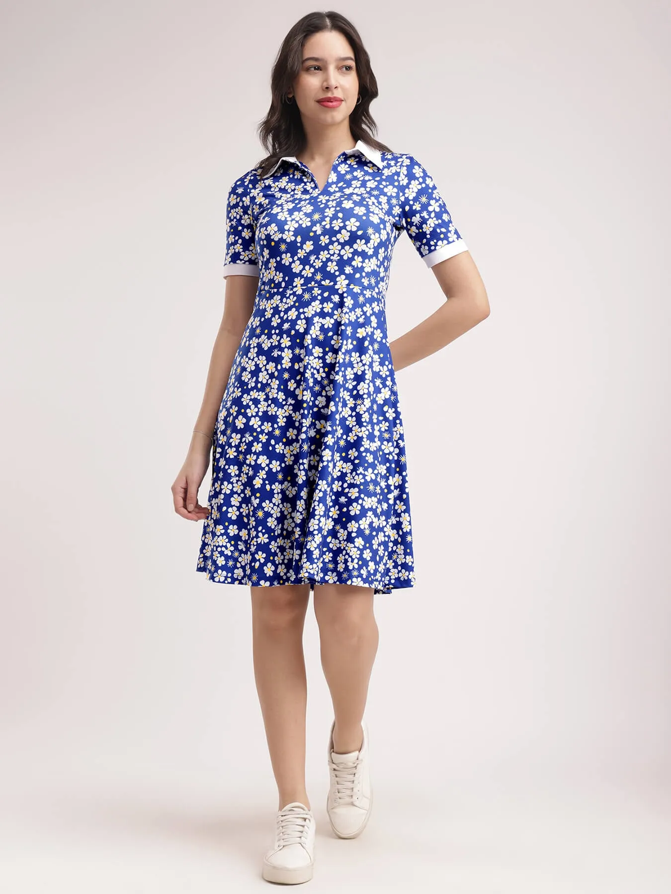 Floral Print Knitted Dress - Blue And White