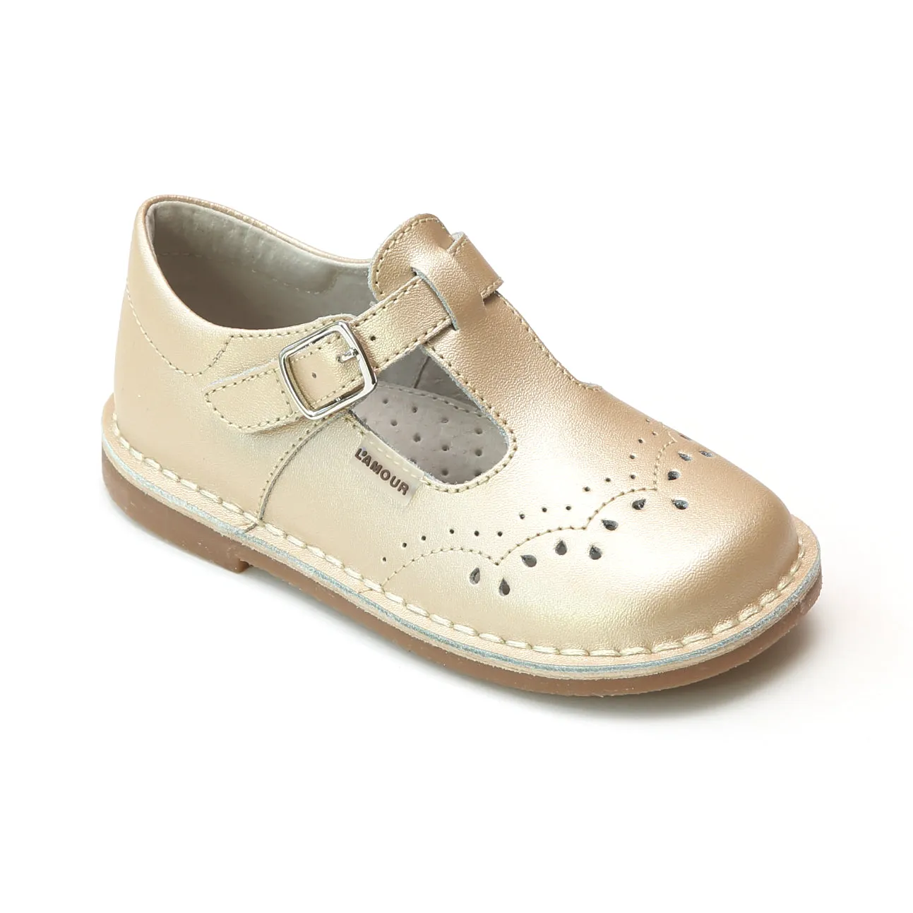 L'Amour Girls T-Strap Stitch Down Teardrop Mary Janes