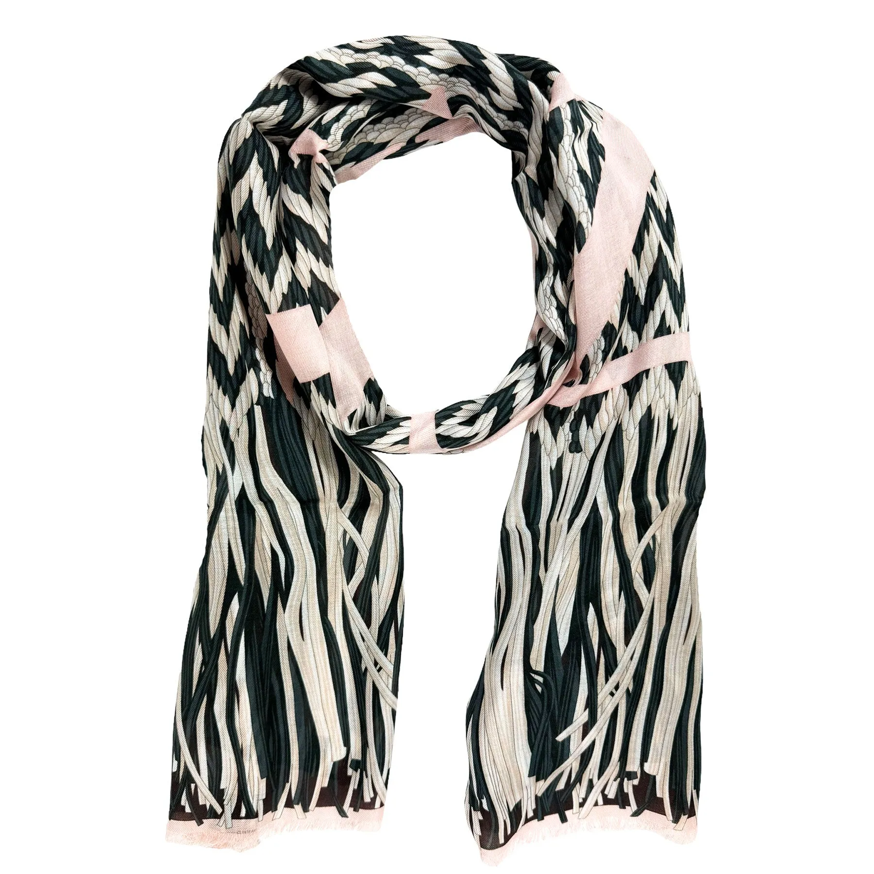 Lanvin Scarf Pink Black Weave & Fringe Design - Cashmere Blend Shawl