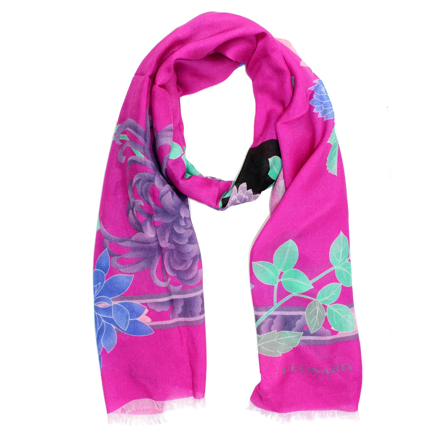 Leonard Paris Scarf Magenta Floral - Cashmere Silk Shawl