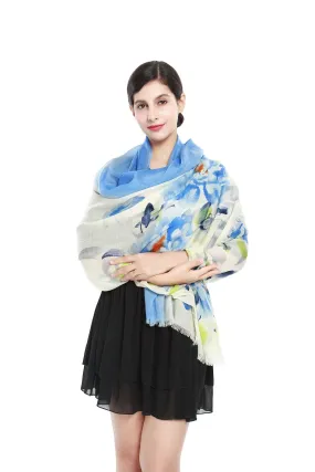 Luxurious Extra Wide 100% Cashmere Scarf & Wrap Blue Floral Print CSH215