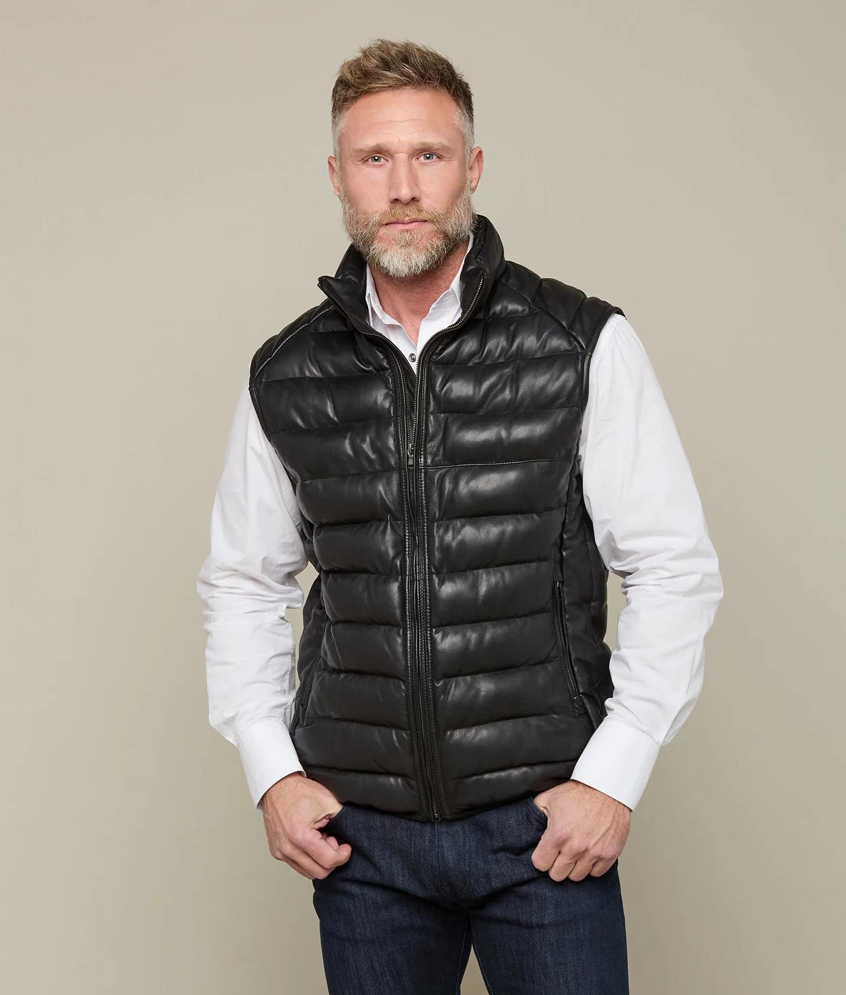 Men's Leather Puffer Vest :: Black