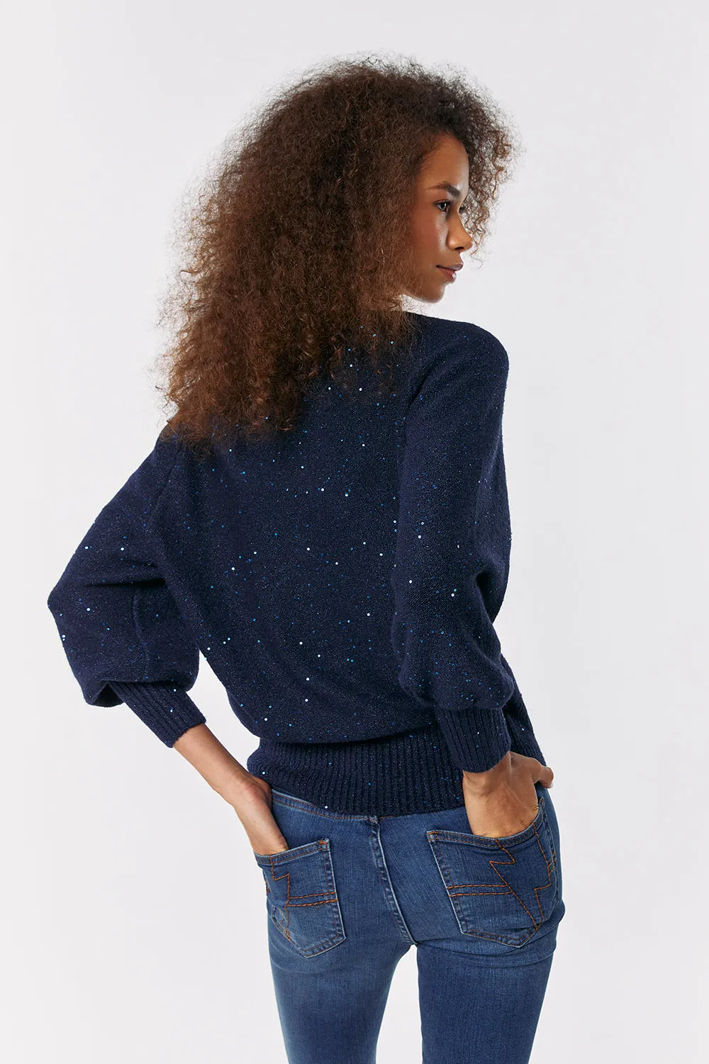 Navy Sparkle V-Neck Knitted Jumper