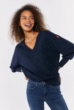 Navy Sparkle V-Neck Knitted Jumper