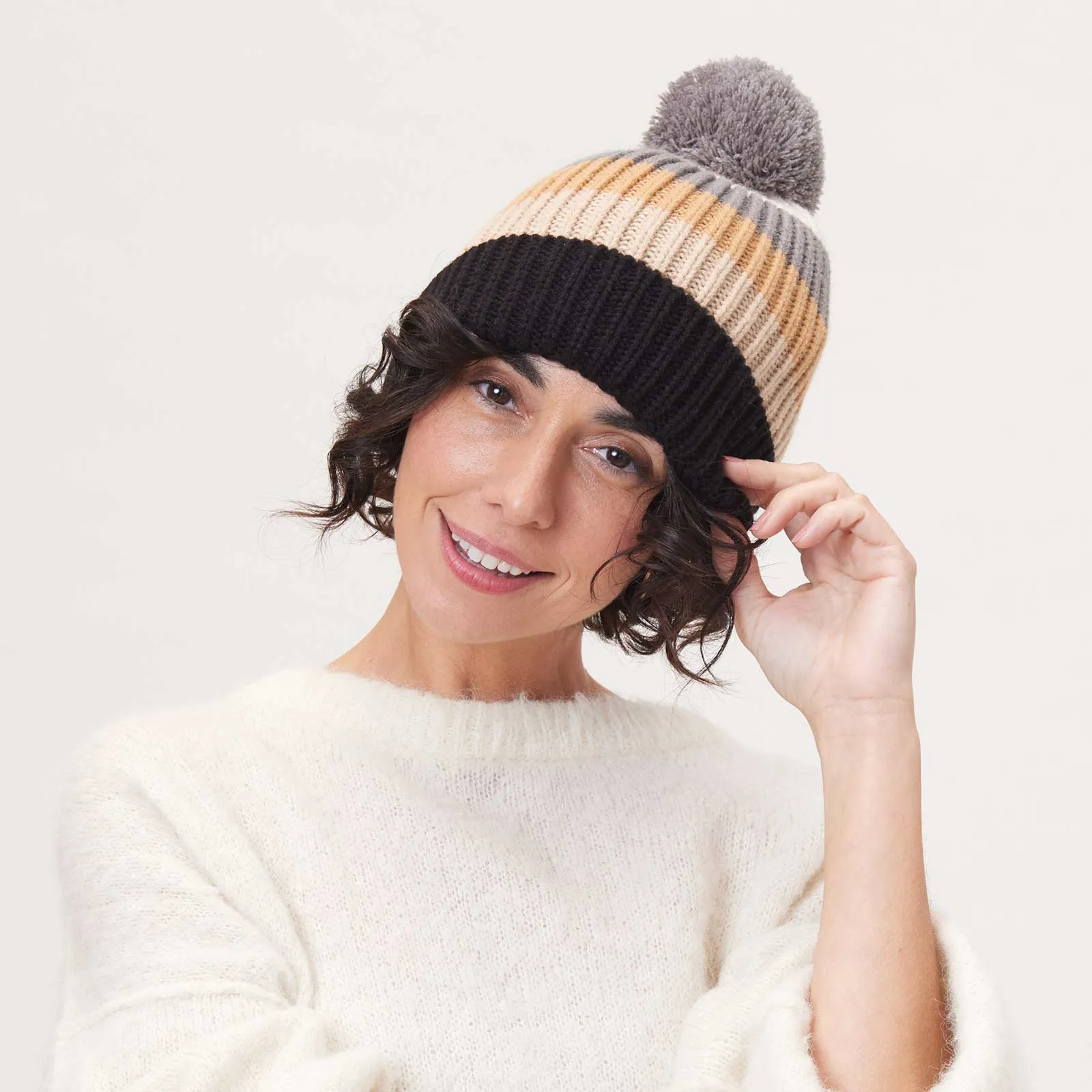 Piccadilly Striped Black and Tan Knit Beanie