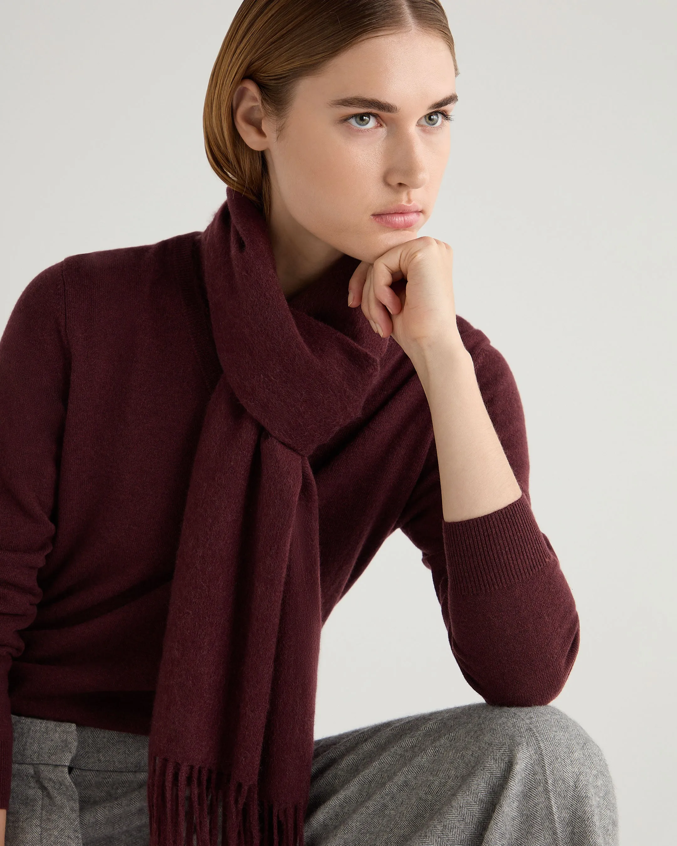 Unisex Large Woven Cashmere Scarf Claret Red