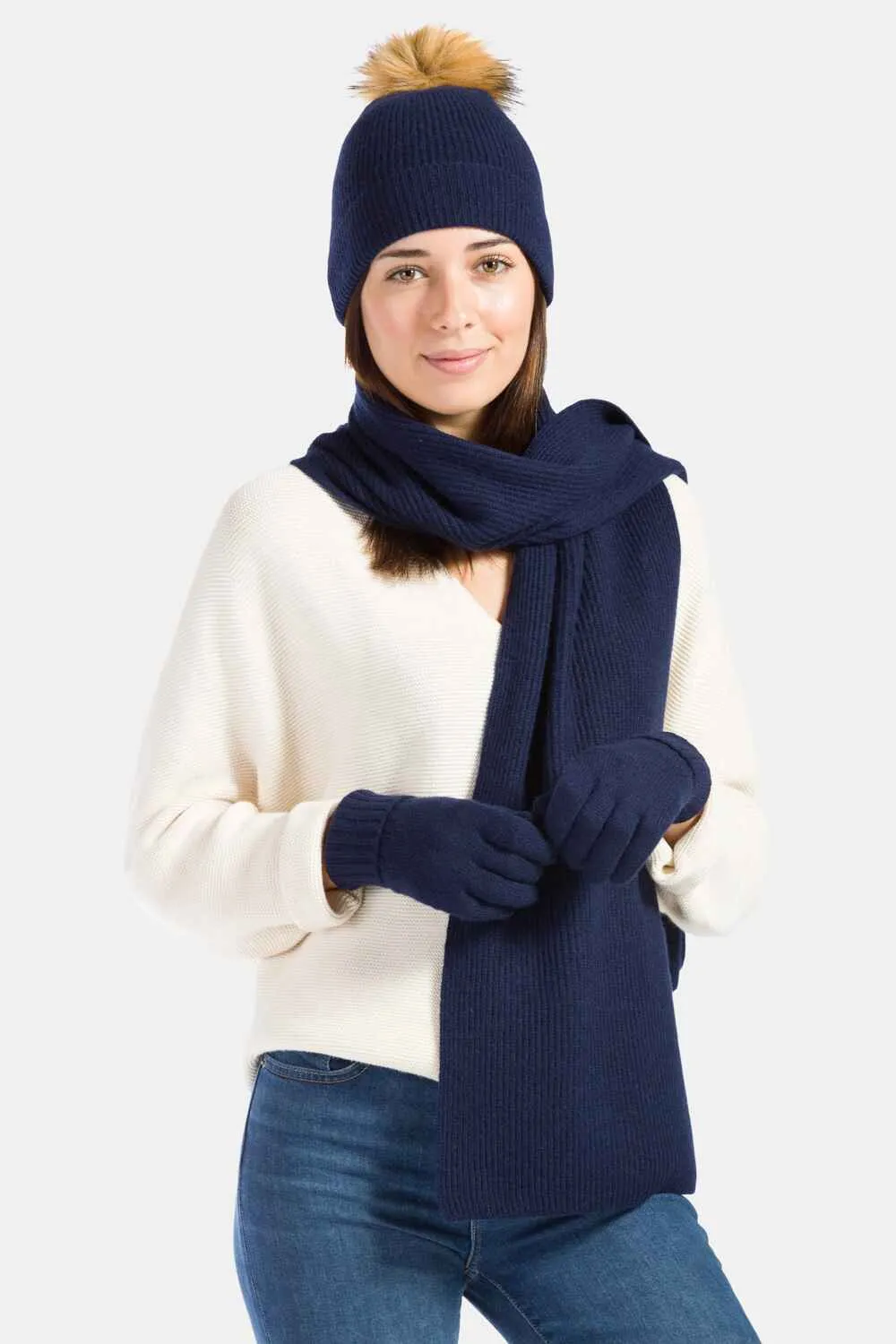 Women's 3pc 100% Cashmere Pom Beanie, Glove & Scarf Set with Gift Box