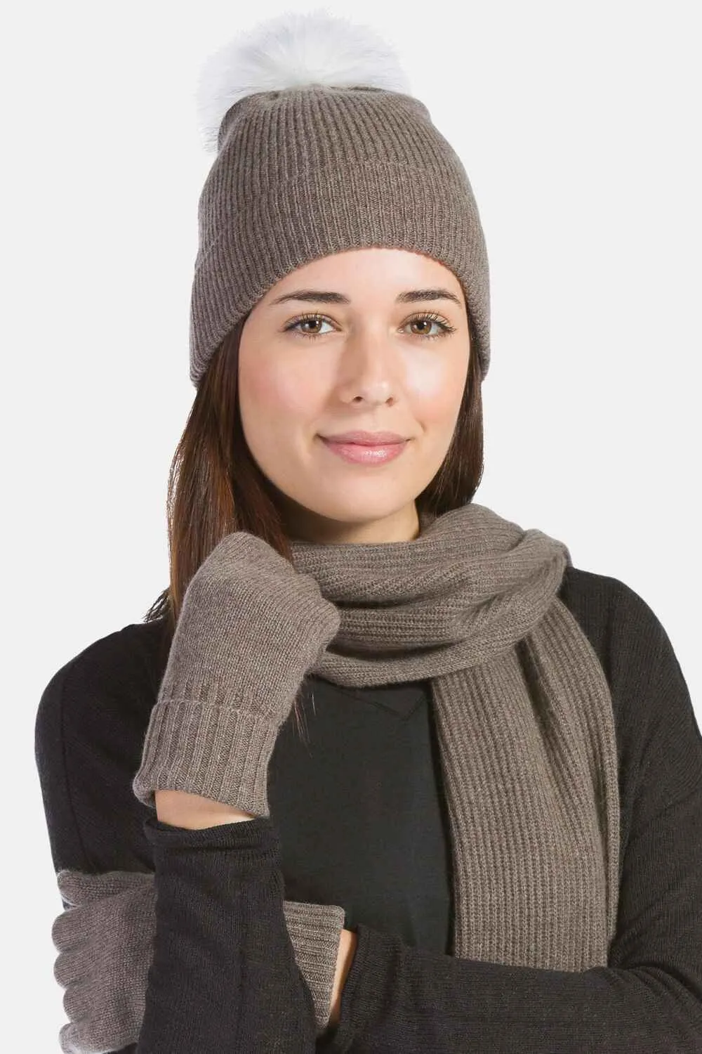 Women's 3pc 100% Cashmere Pom Beanie, Glove & Scarf Set with Gift Box