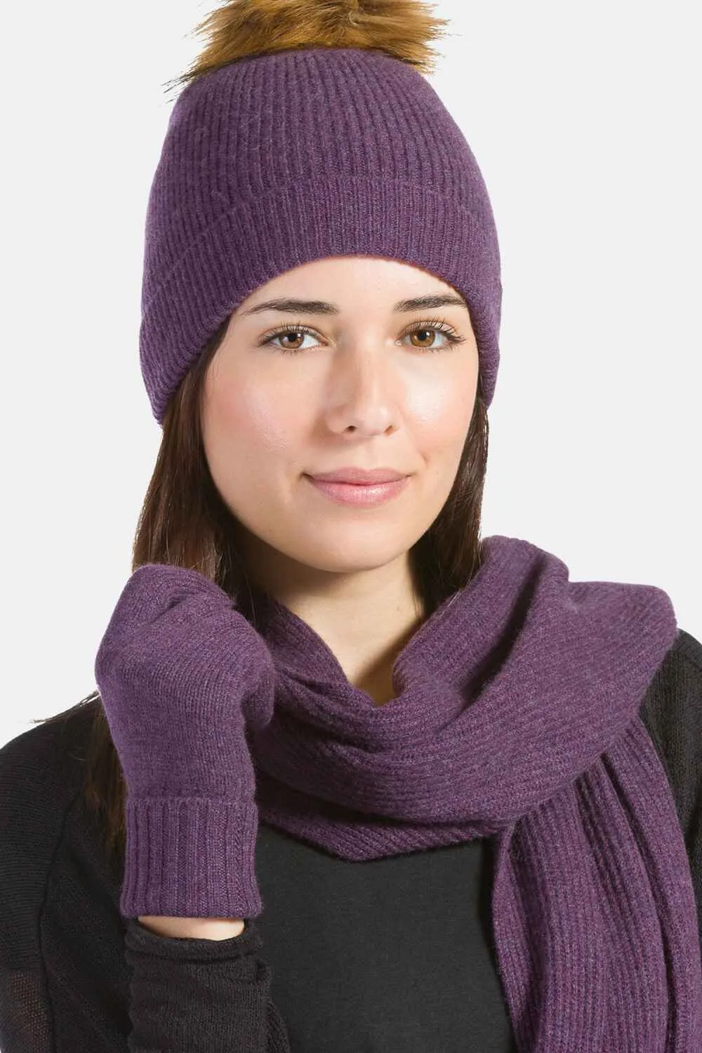 Women's 3pc 100% Cashmere Pom Beanie, Glove & Scarf Set with Gift Box