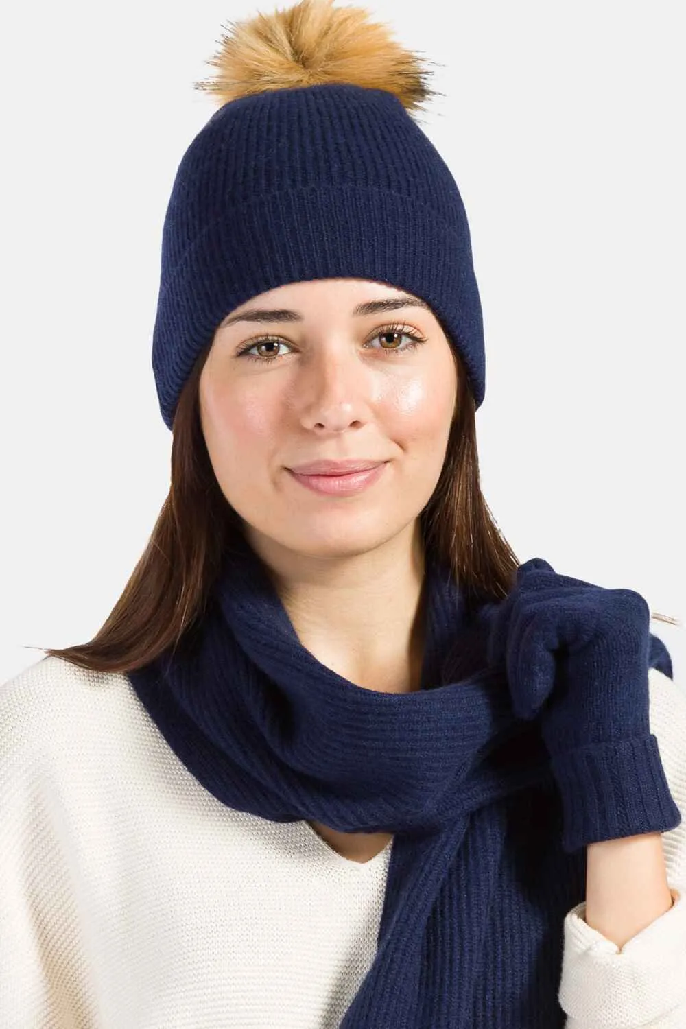 Women's 3pc 100% Cashmere Pom Beanie, Glove & Scarf Set with Gift Box