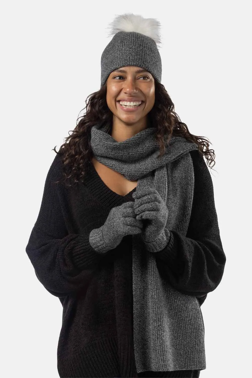 Women's 3pc 100% Cashmere Pom Beanie, Glove & Scarf Set with Gift Box