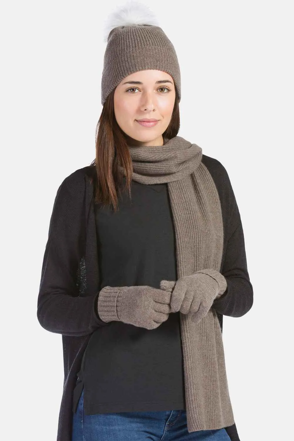 Women's 3pc 100% Cashmere Pom Beanie, Glove & Scarf Set with Gift Box