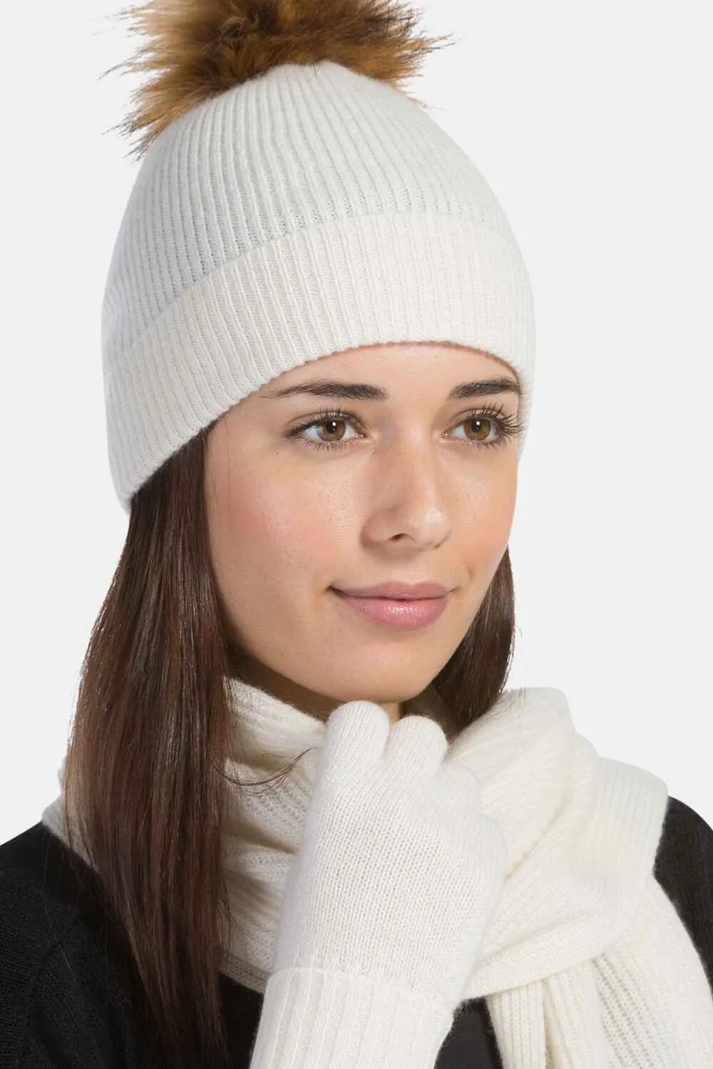 Women's 3pc 100% Cashmere Pom Beanie, Glove & Scarf Set with Gift Box